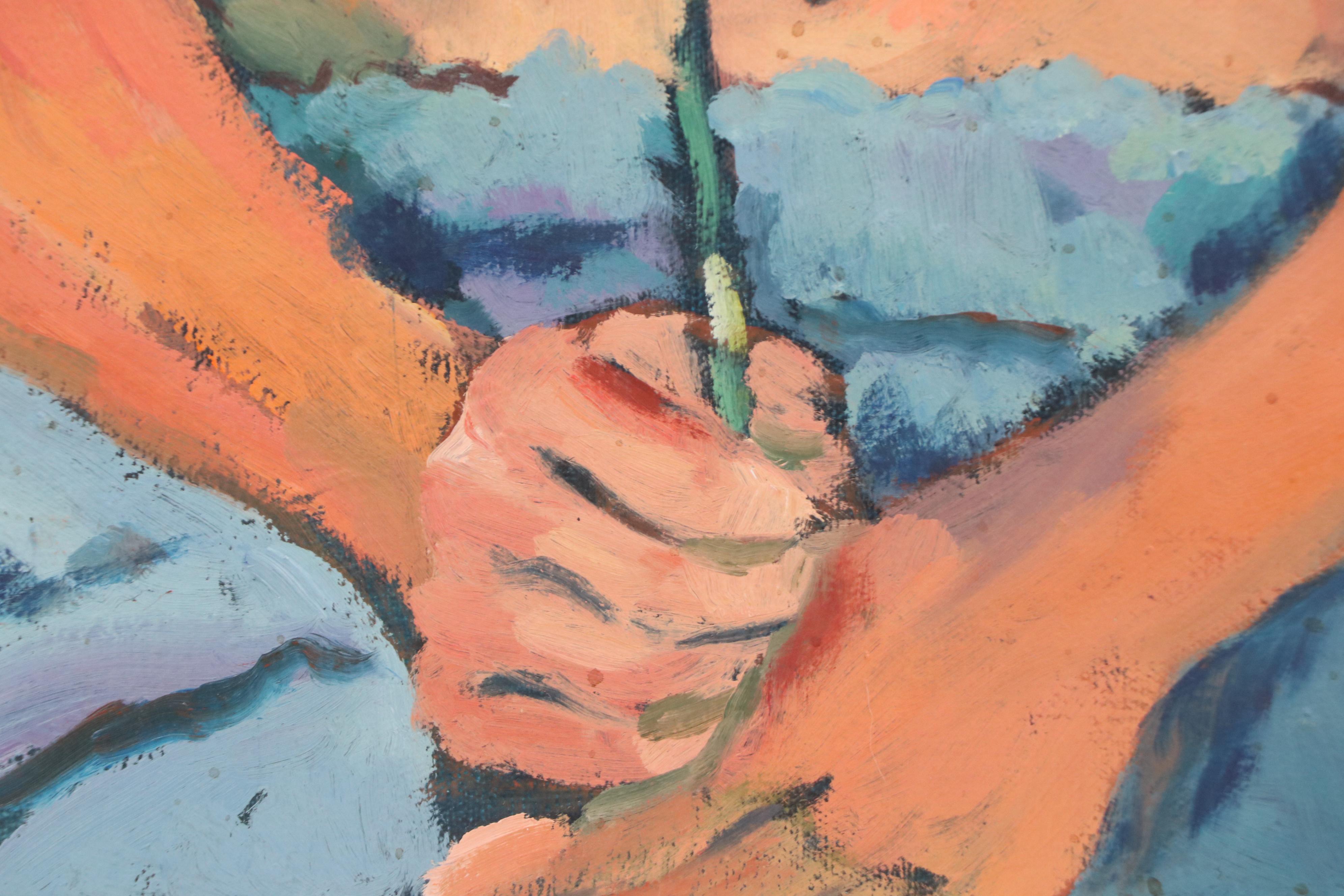 Victoria Jensen Nude Portrait Oil Painting of Woman Holding Flower, 21st Century