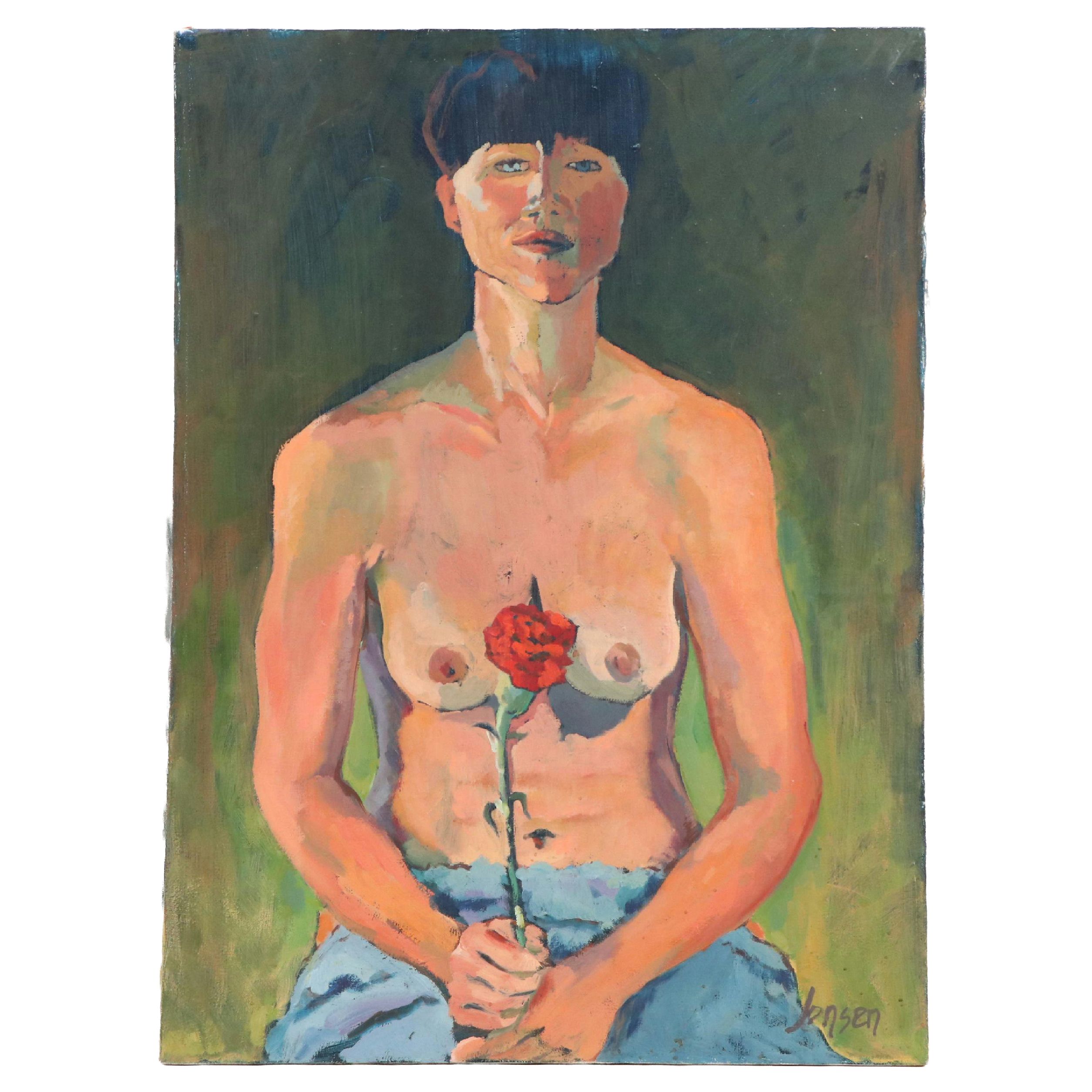 Victoria Jensen Nude Portrait Oil Painting of Woman Holding Flower, 21st Century