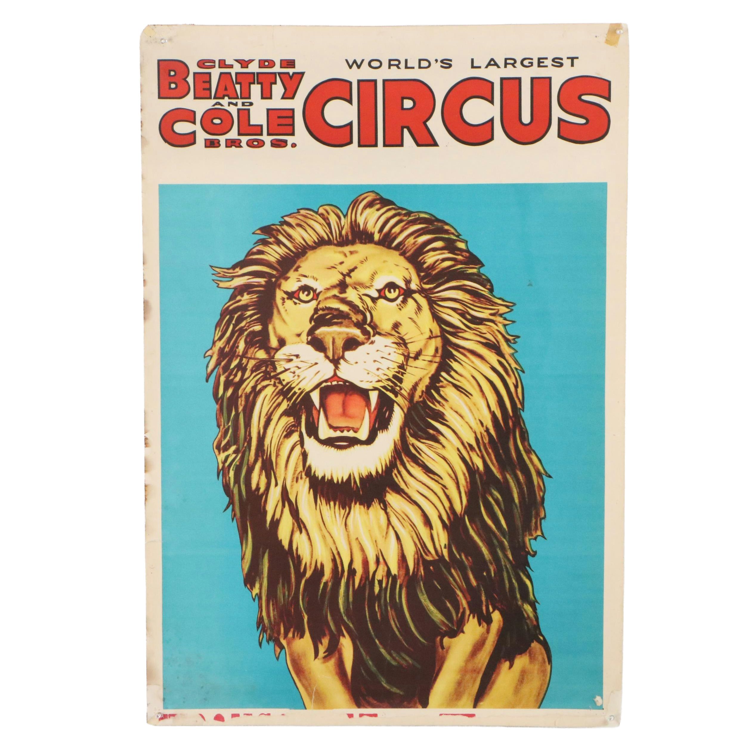 Clyde Beatty & Cole Bros. Offset Lithograph Circus Poster, Mid-20th Century