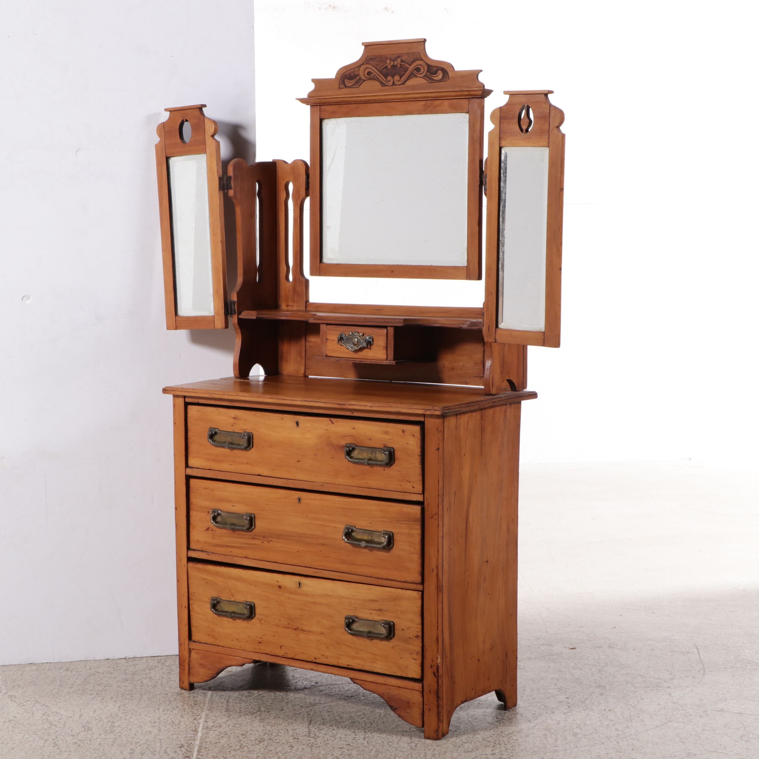 Victorian Eastlake Satinwood Tri-Fold Mirror Dresser, Late 19th/Early 20th C.