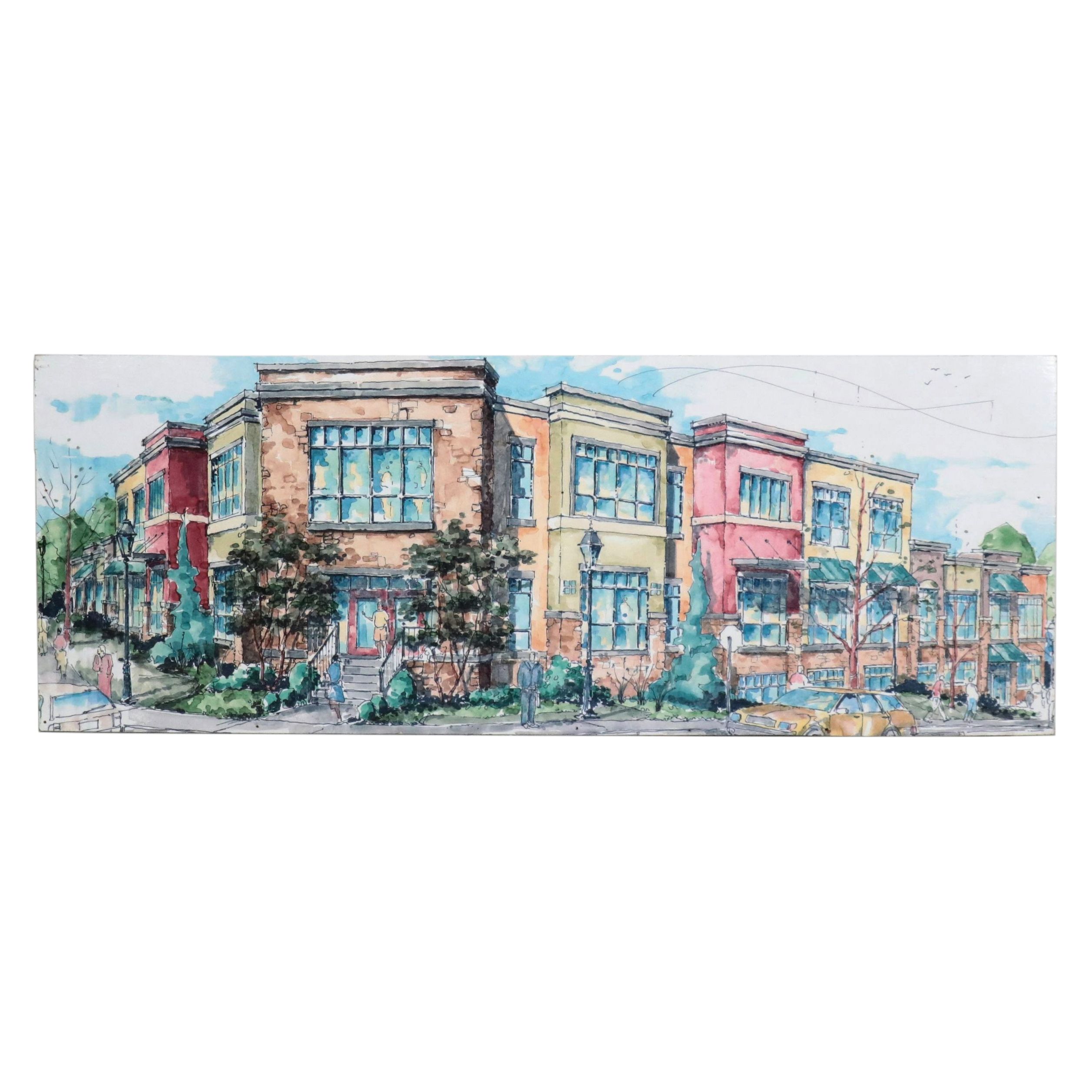 Digital Halftone Print Rendering of Urban Townhouses, Late 20th Century