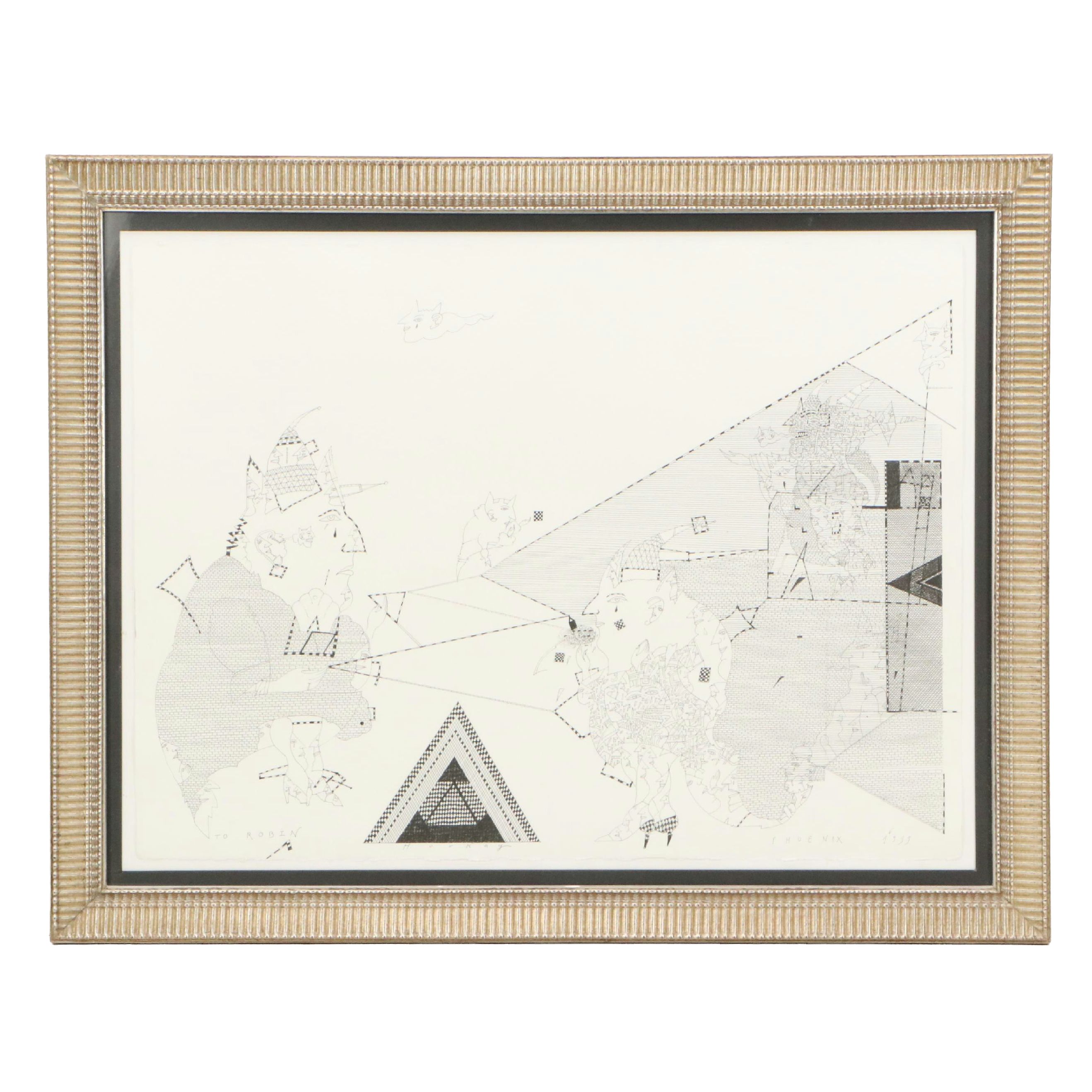 István Horkay Surrealist Figurative Ink Drawing, 1999