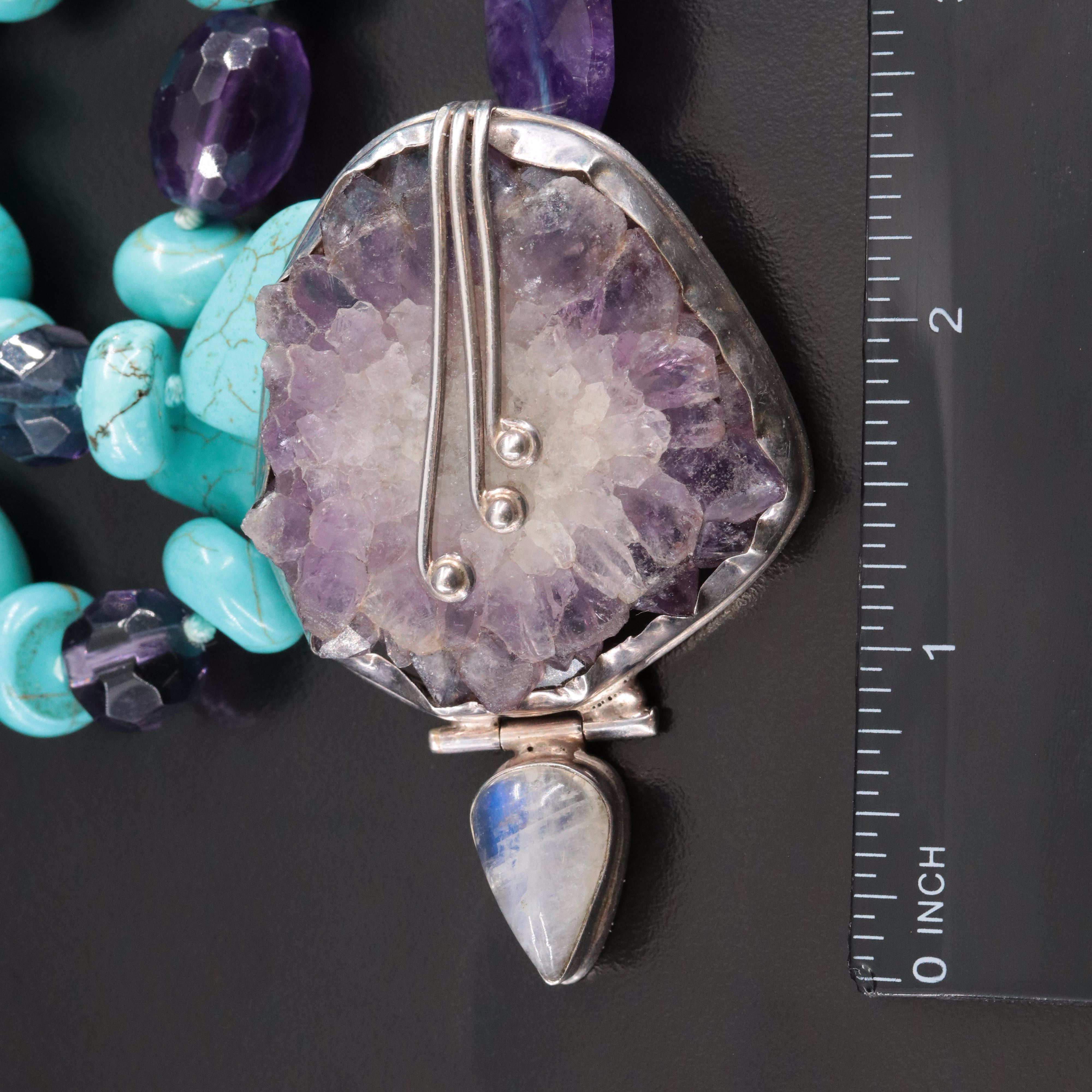 Sterling Amethyst & Rainbow Moonstone Pendant with Triple Strand Necklace