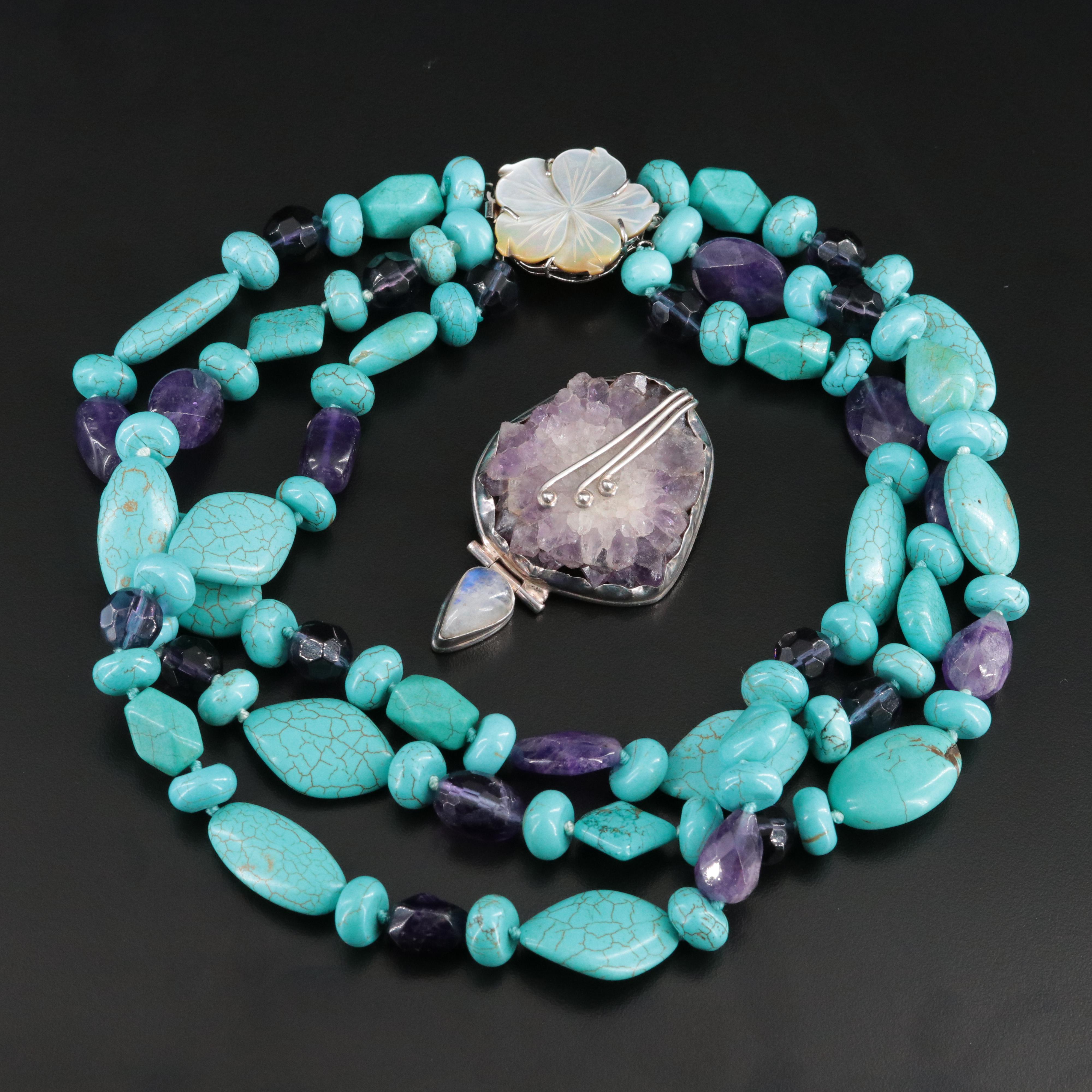 Sterling Amethyst & Rainbow Moonstone Pendant with Triple Strand Necklace