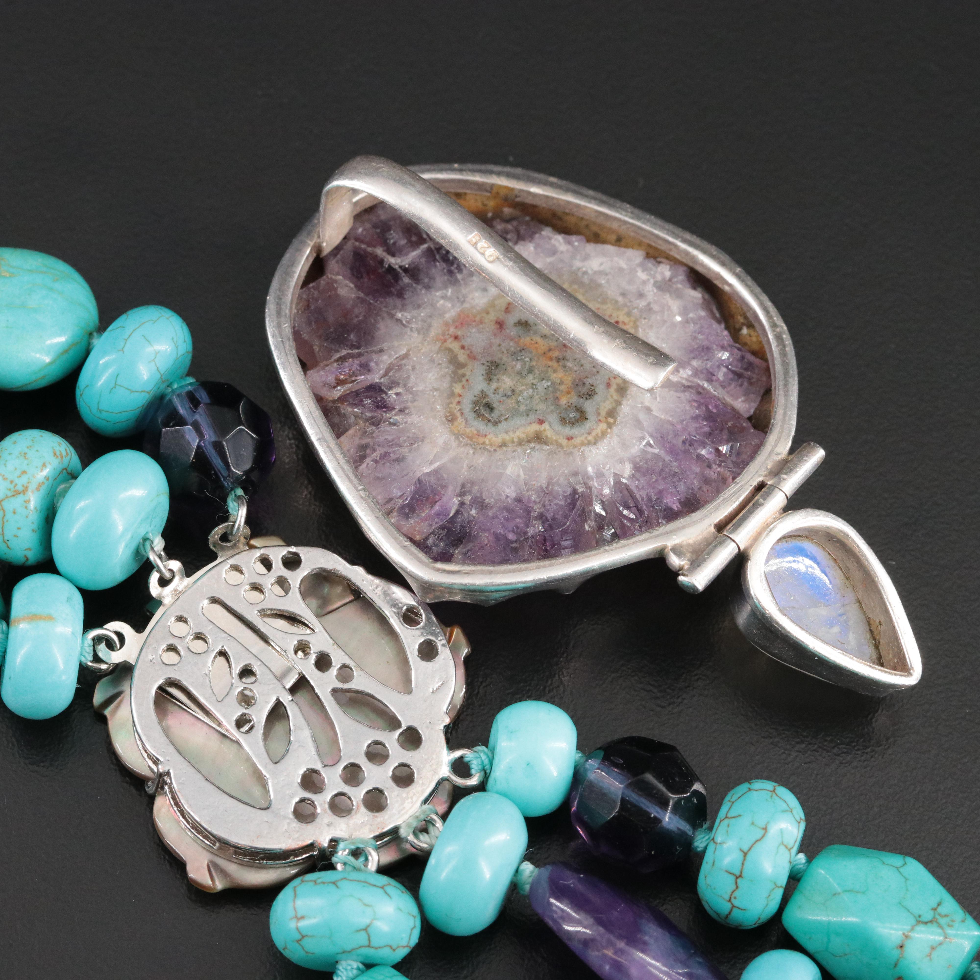 Sterling Amethyst & Rainbow Moonstone Pendant with Triple Strand Necklace