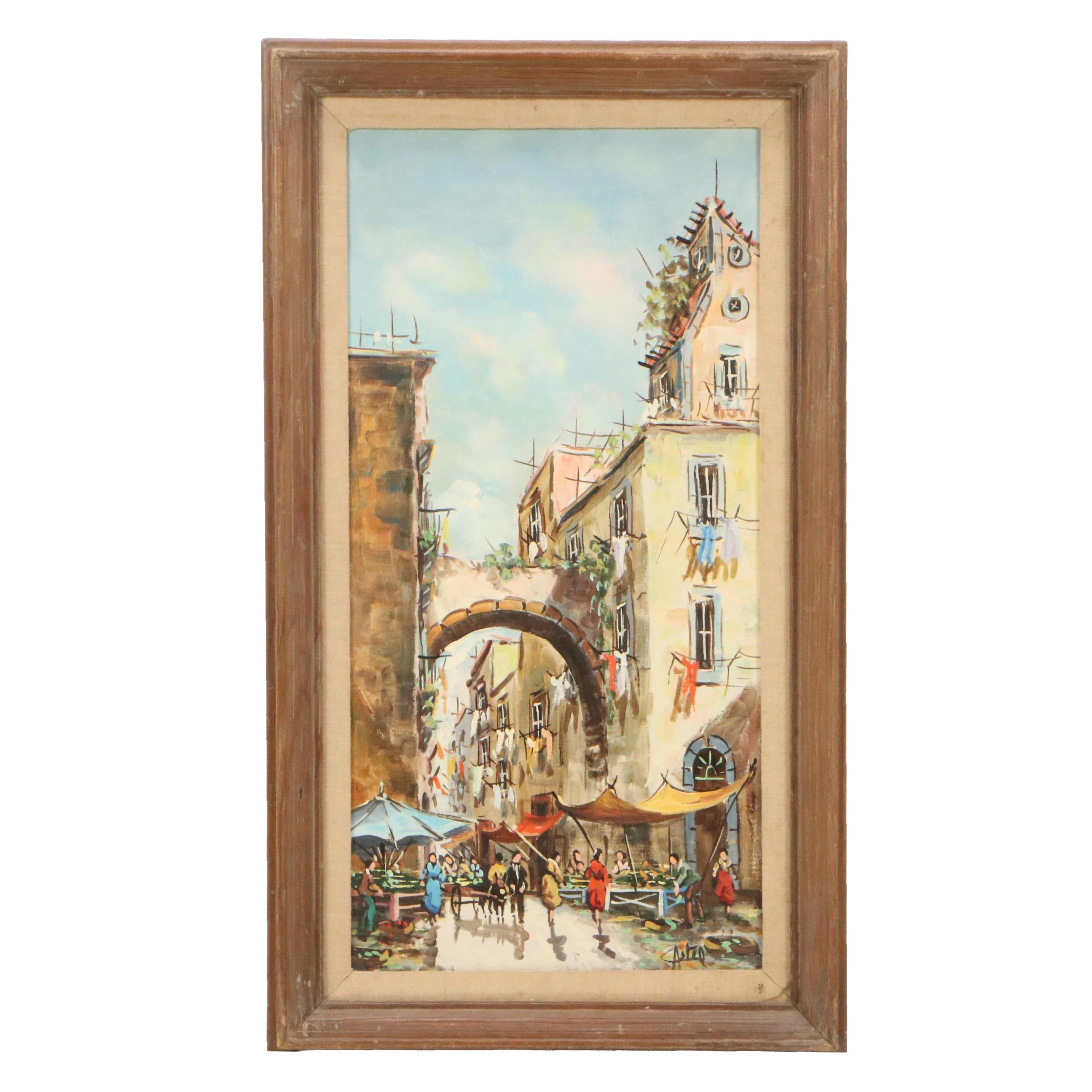 Oil Painting of Mediterranean Street Scene, 20th Century