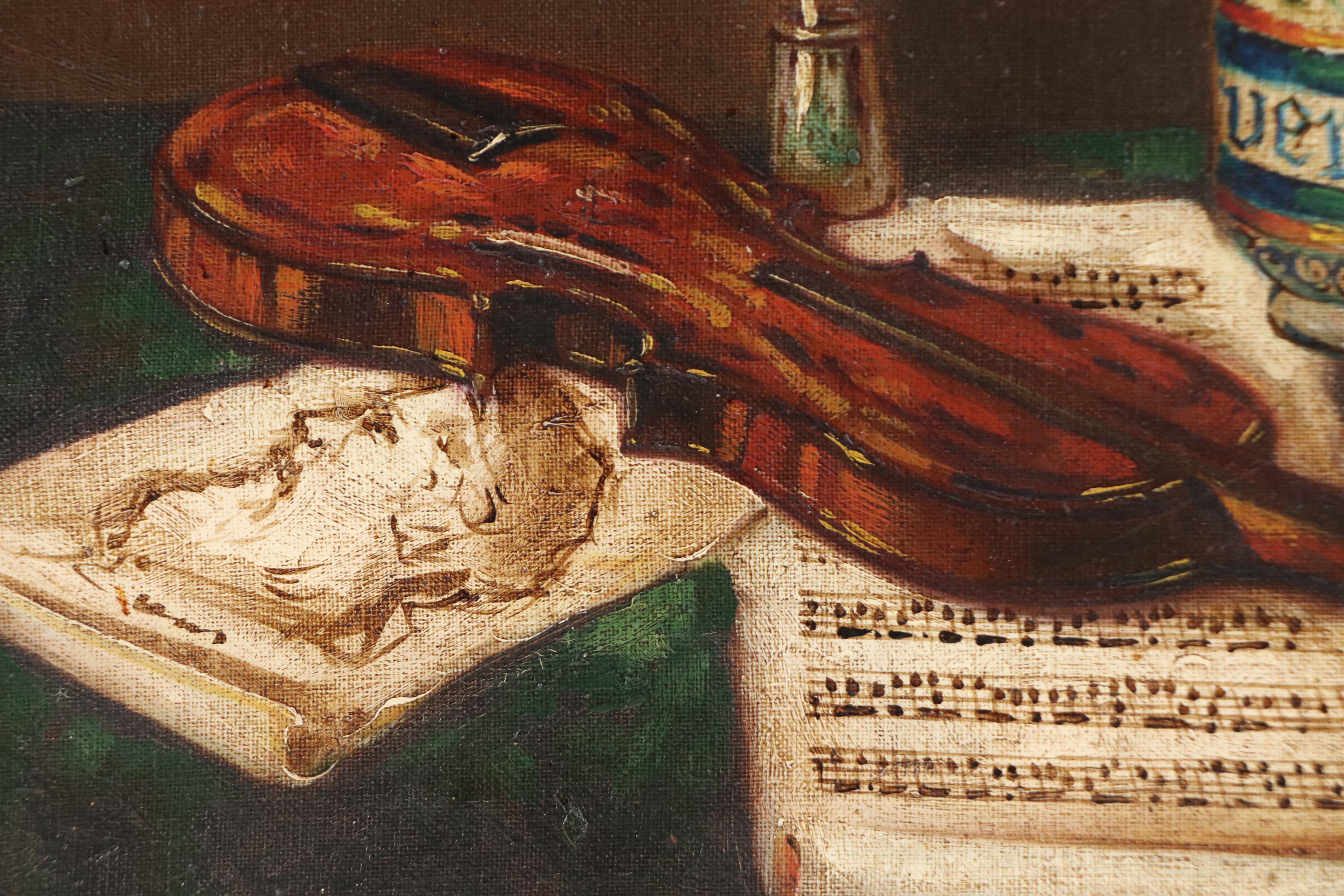Still Life with Violin Oil Painting, 20th Century