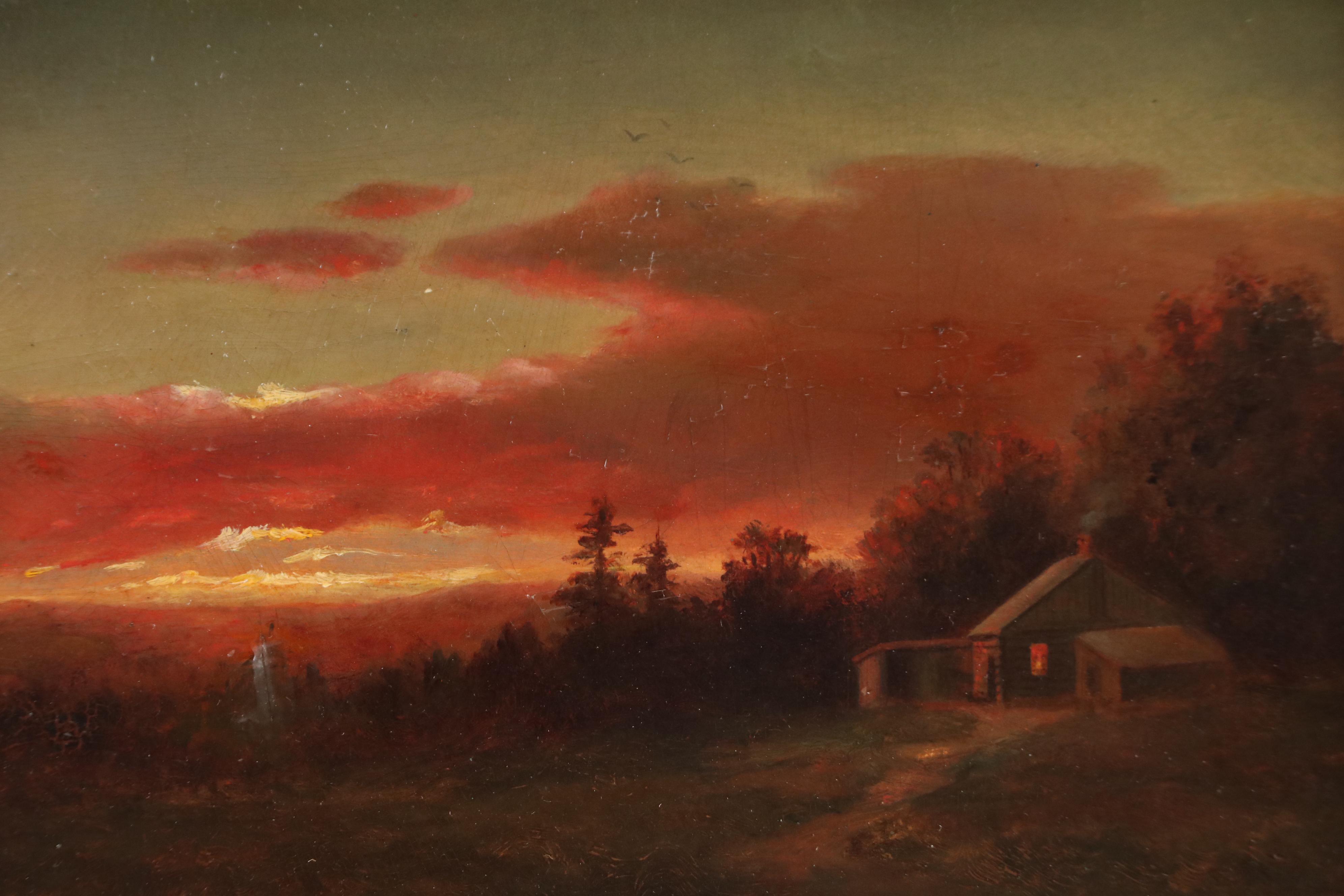 Antique Oil Painting of Countryside Landscape with Cabin at Sunset, Circa 1900