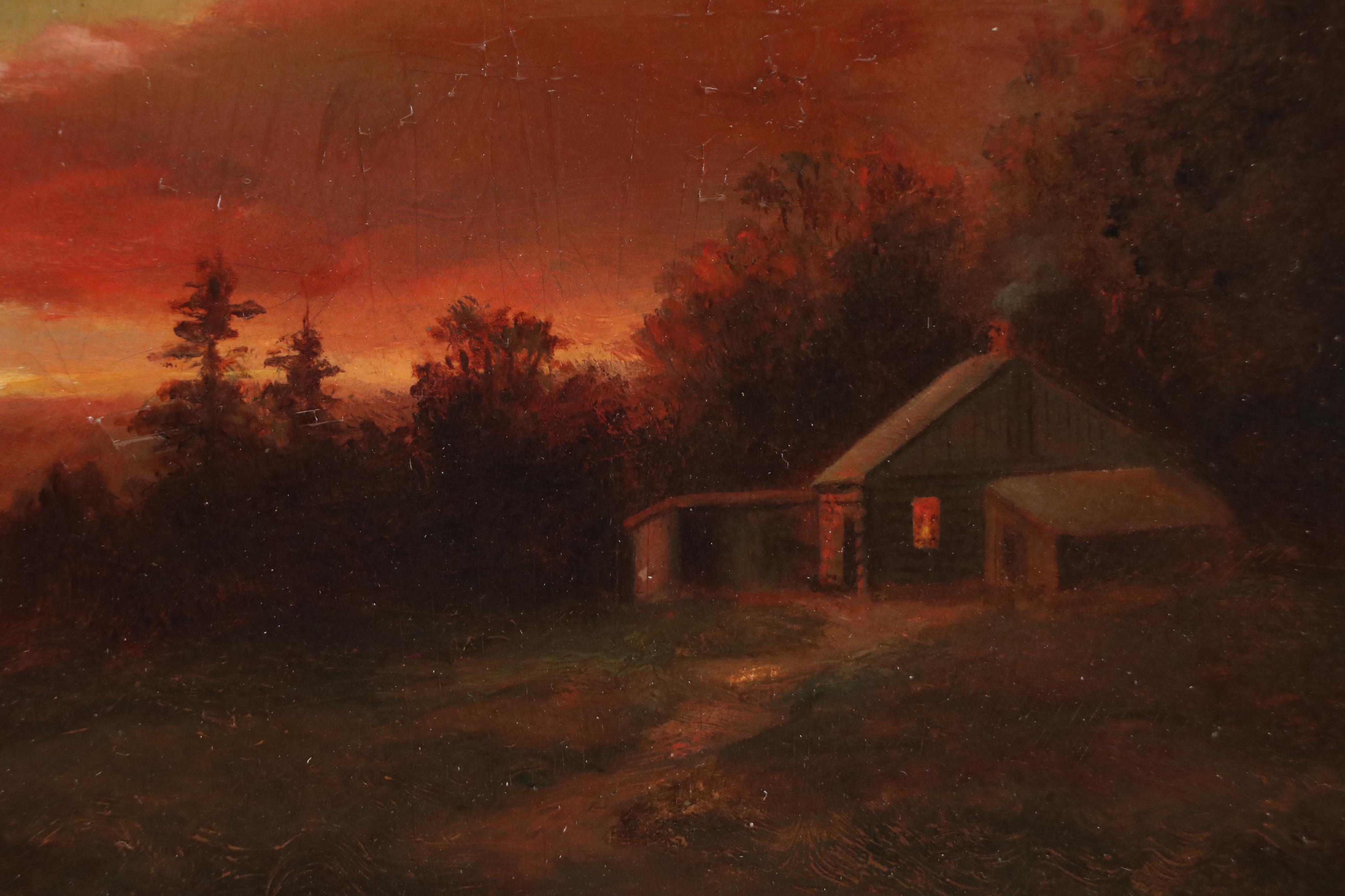 Antique Oil Painting of Countryside Landscape with Cabin at Sunset, Circa 1900