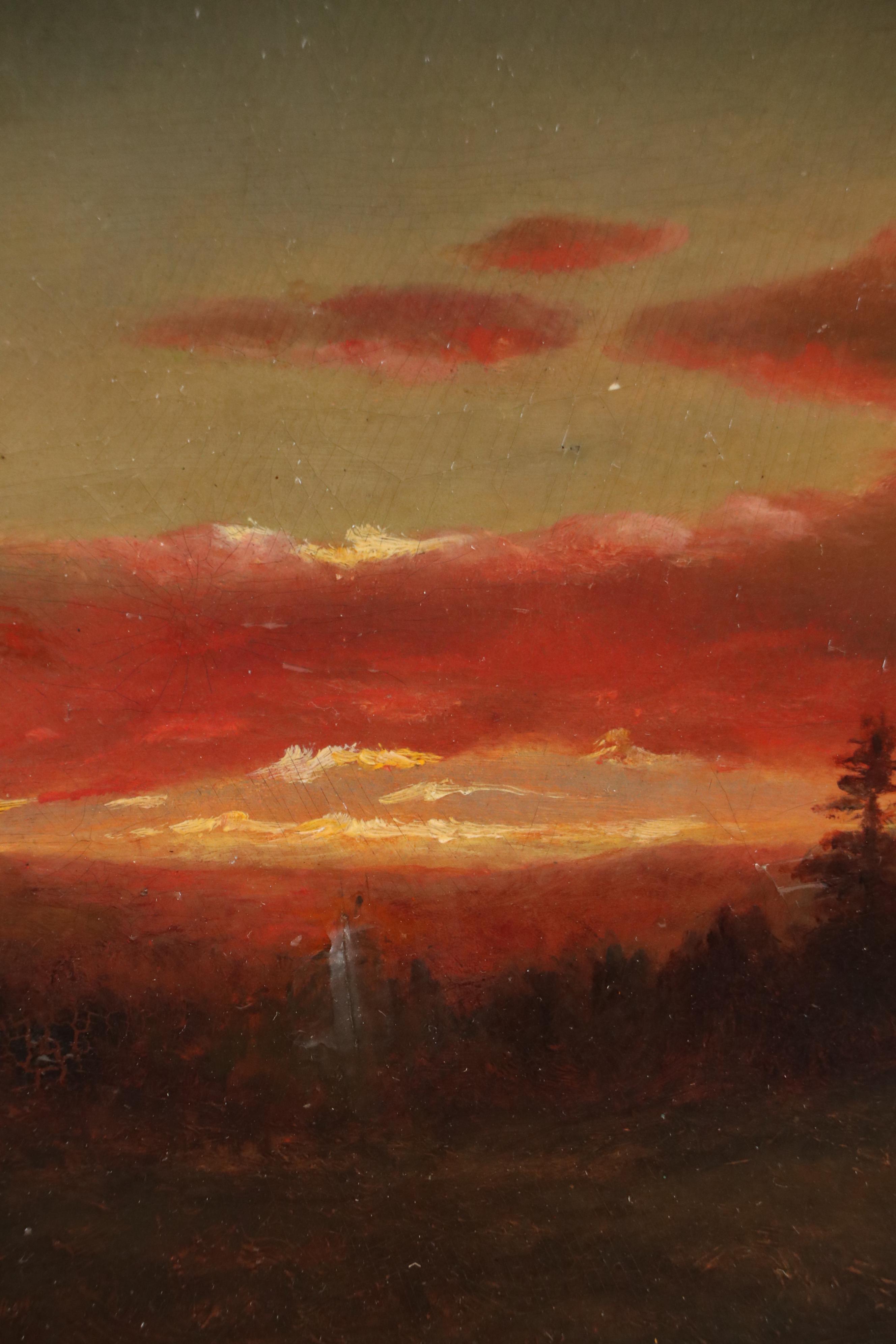 Antique Oil Painting of Countryside Landscape with Cabin at Sunset, Circa 1900