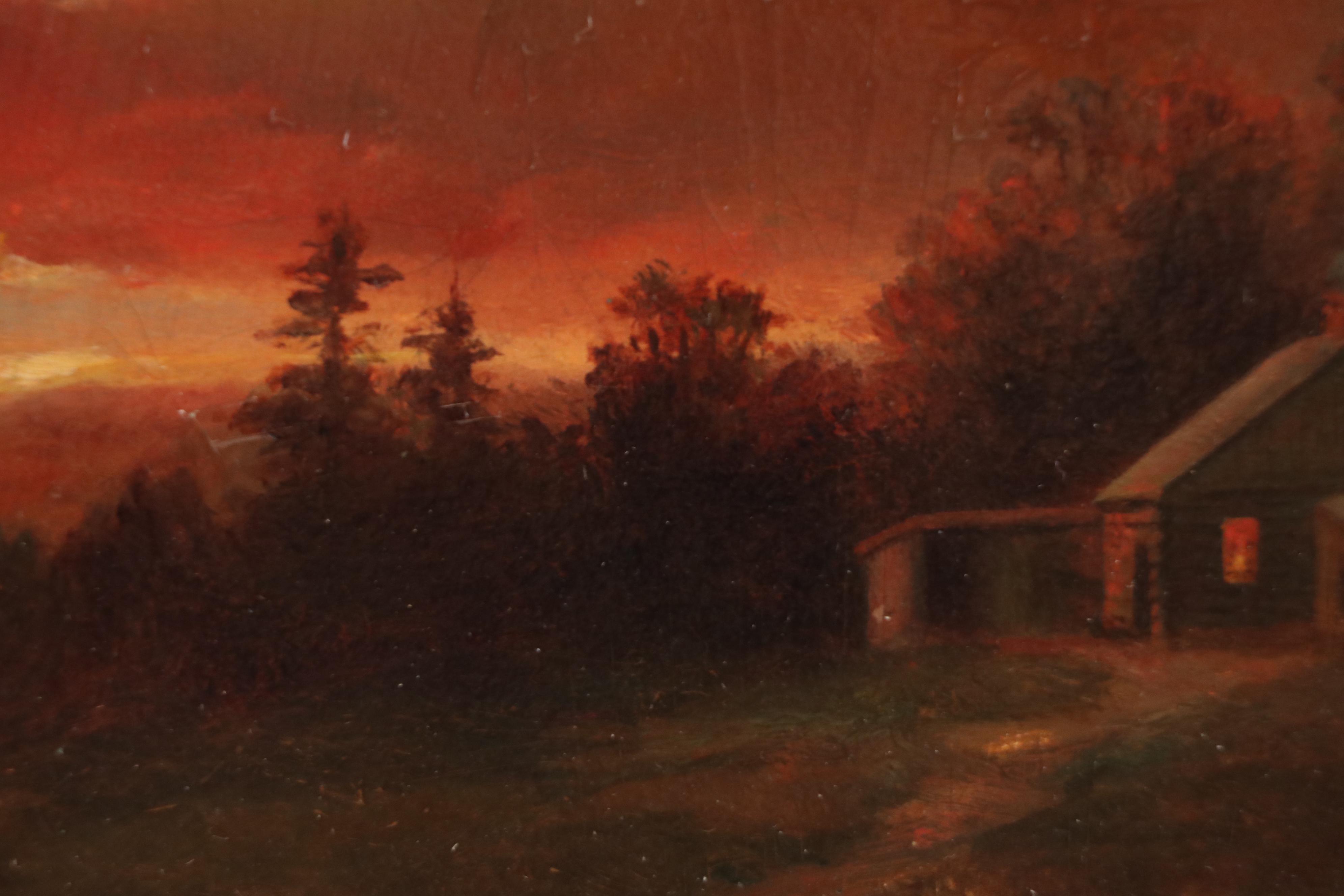 Antique Oil Painting of Countryside Landscape with Cabin at Sunset, Circa 1900