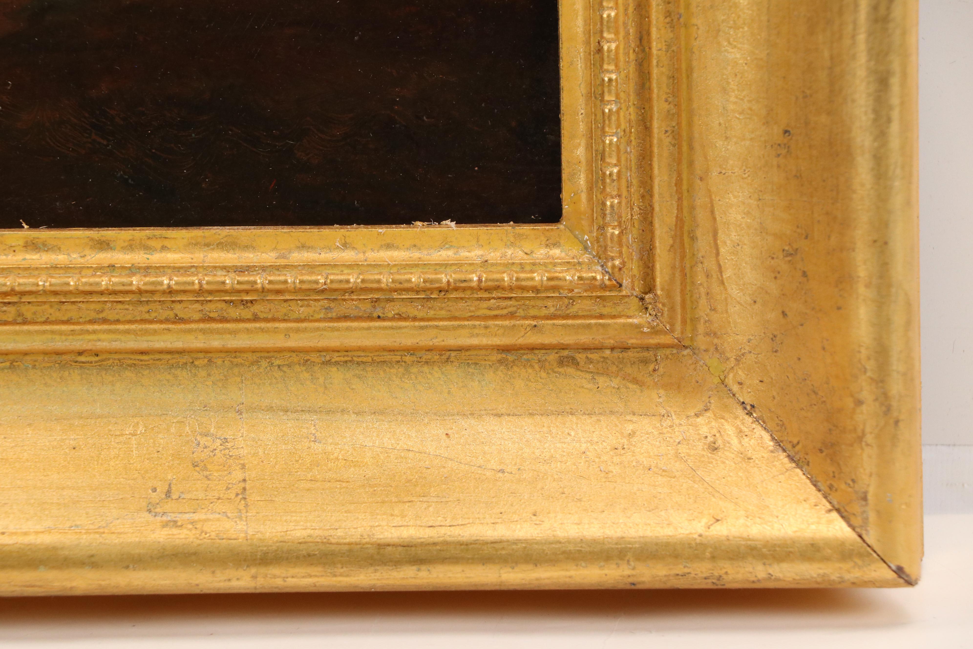 Antique Oil Painting of Countryside Landscape with Cabin at Sunset, Circa 1900