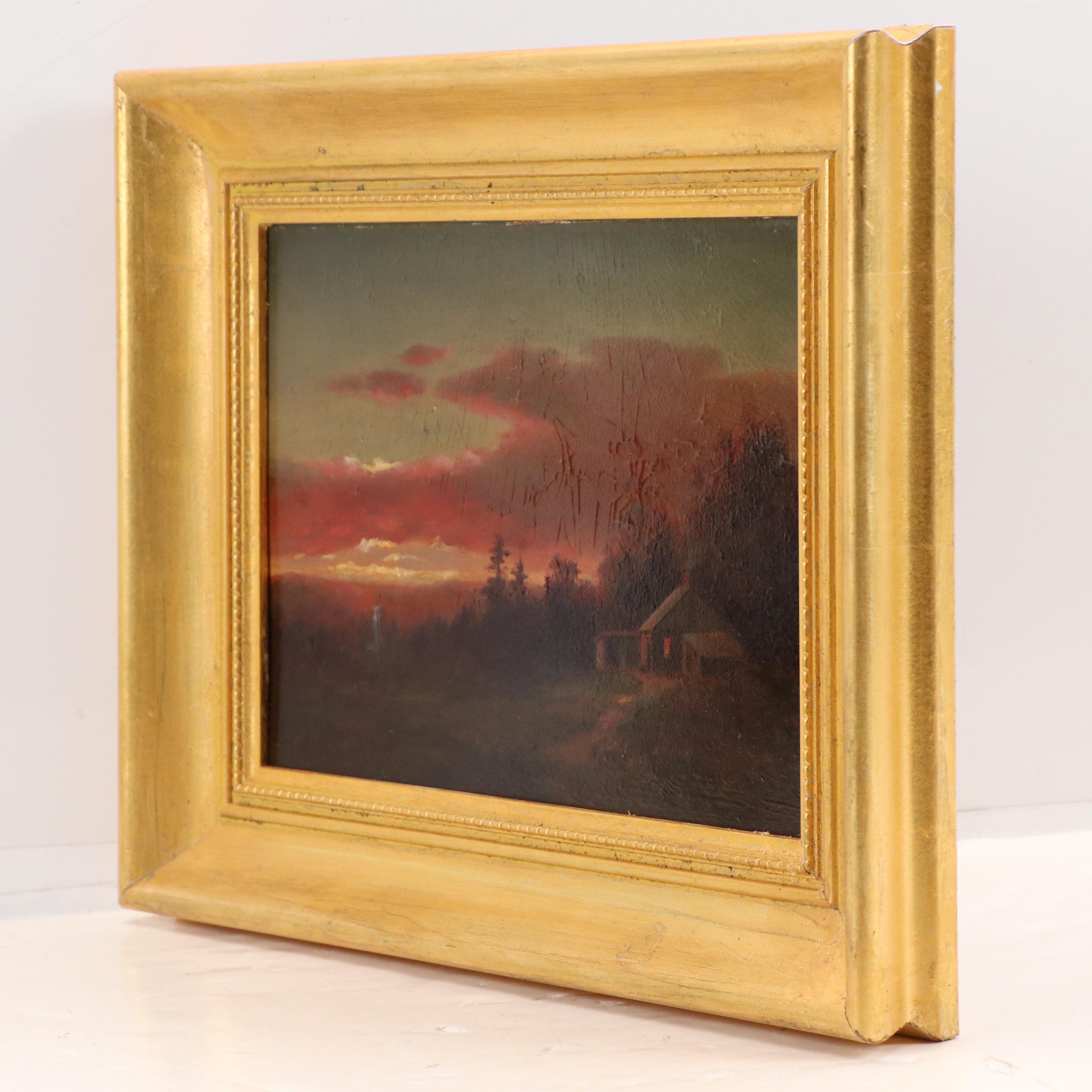 Antique Oil Painting of Countryside Landscape with Cabin at Sunset, Circa 1900