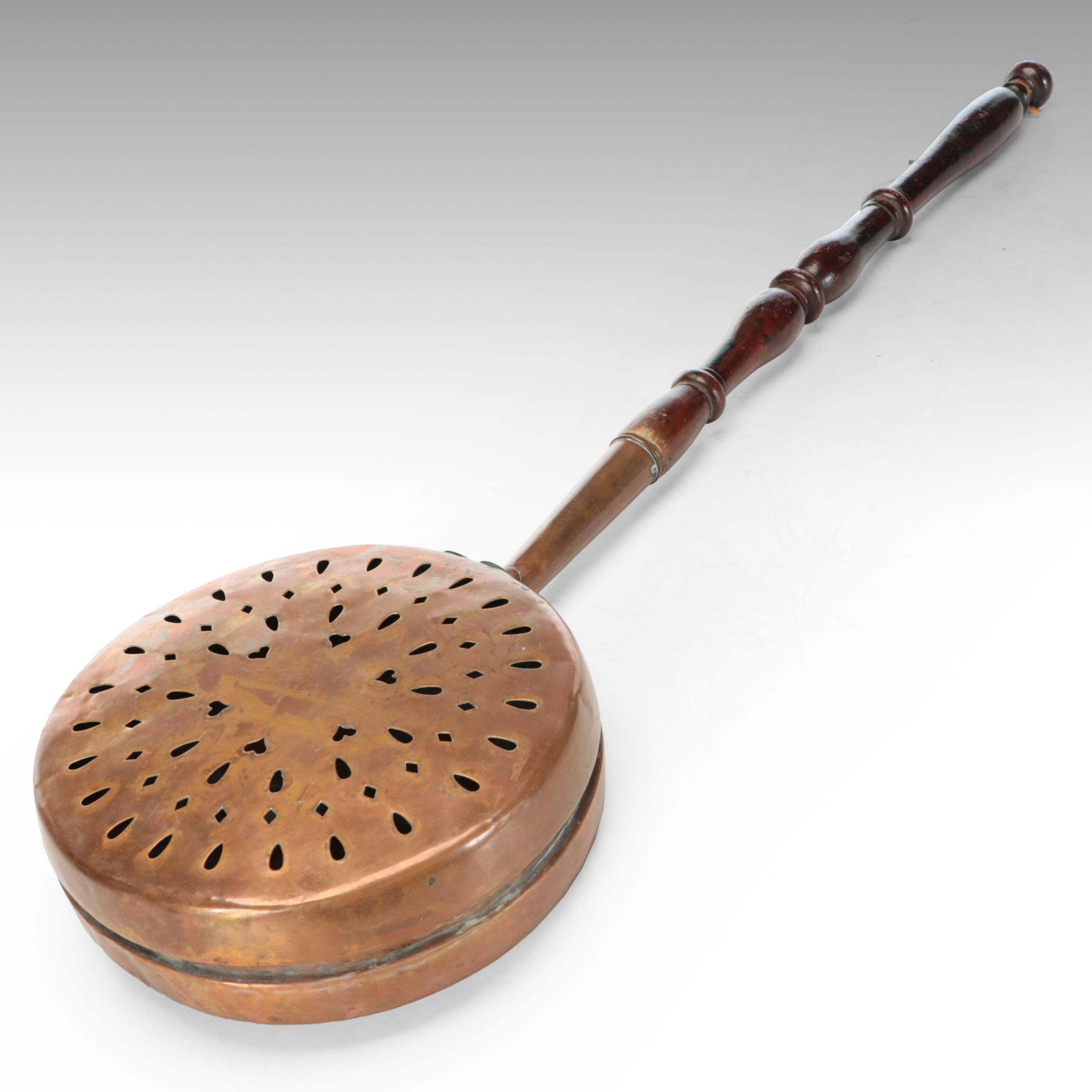 Victorian Pierced Copper Bed Warmer with Turned Wood Long Handle