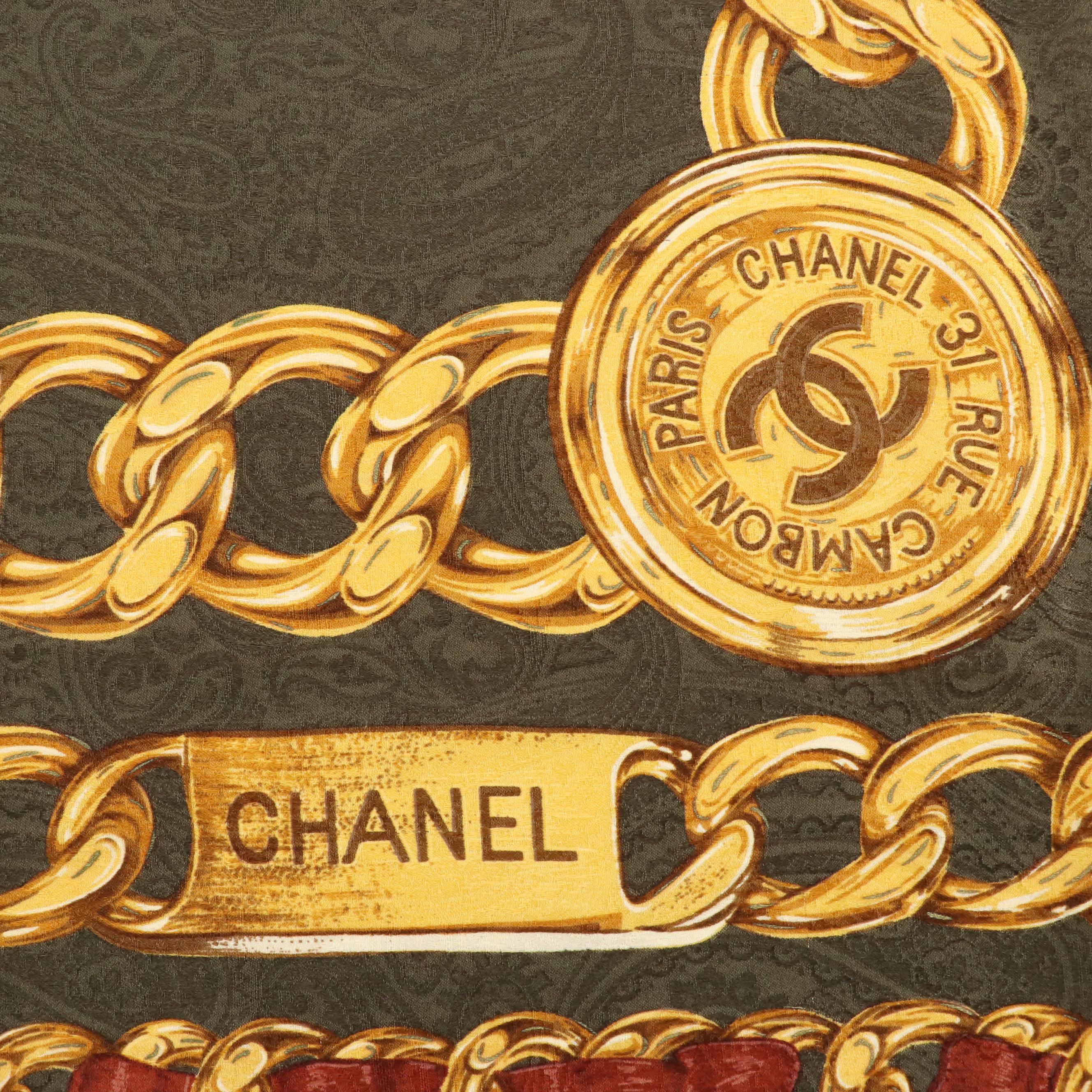 Chanel Rue Cambon Chain Motif Scarf in Olive Green Paisley Jacquard Silk