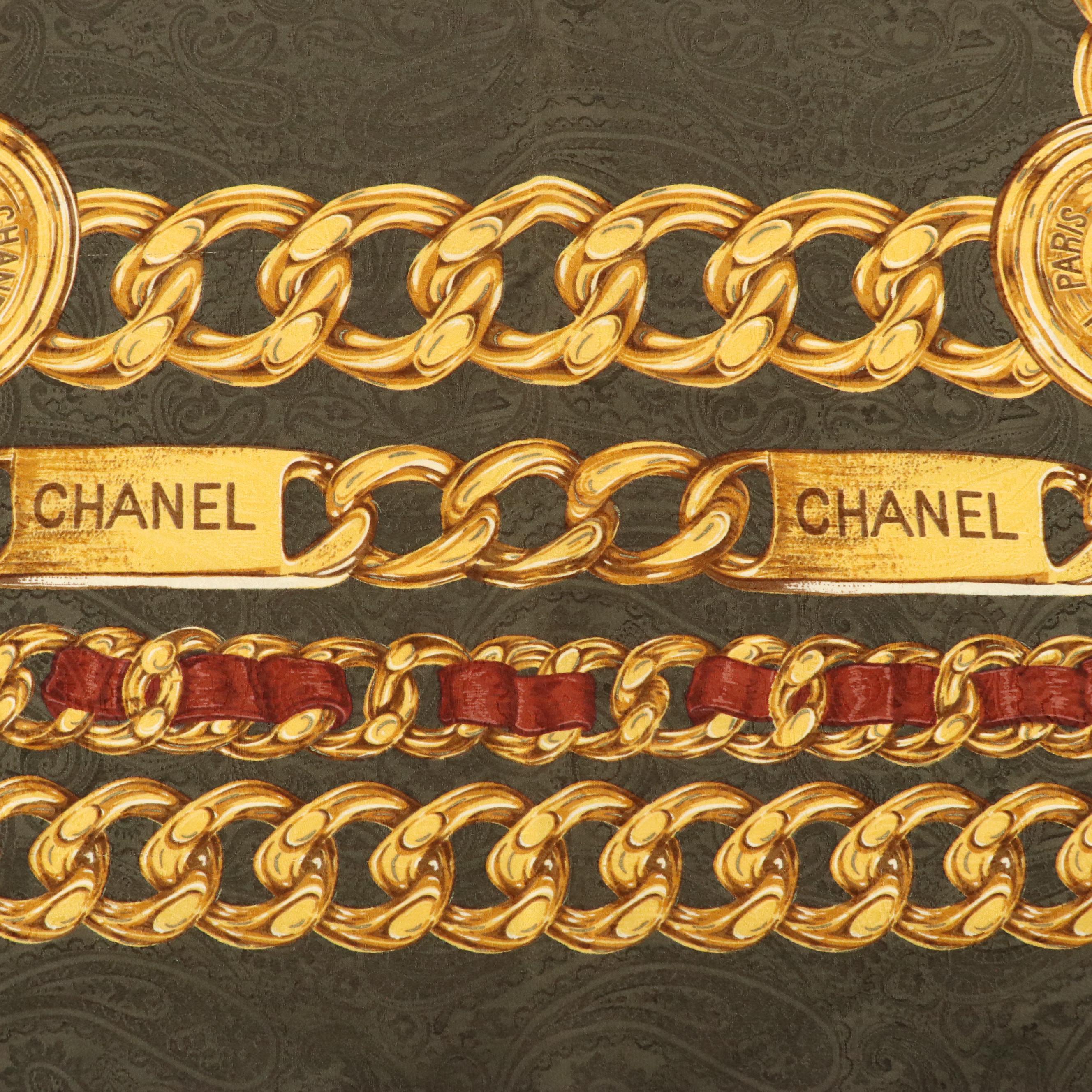 Chanel Rue Cambon Chain Motif Scarf in Olive Green Paisley Jacquard Silk