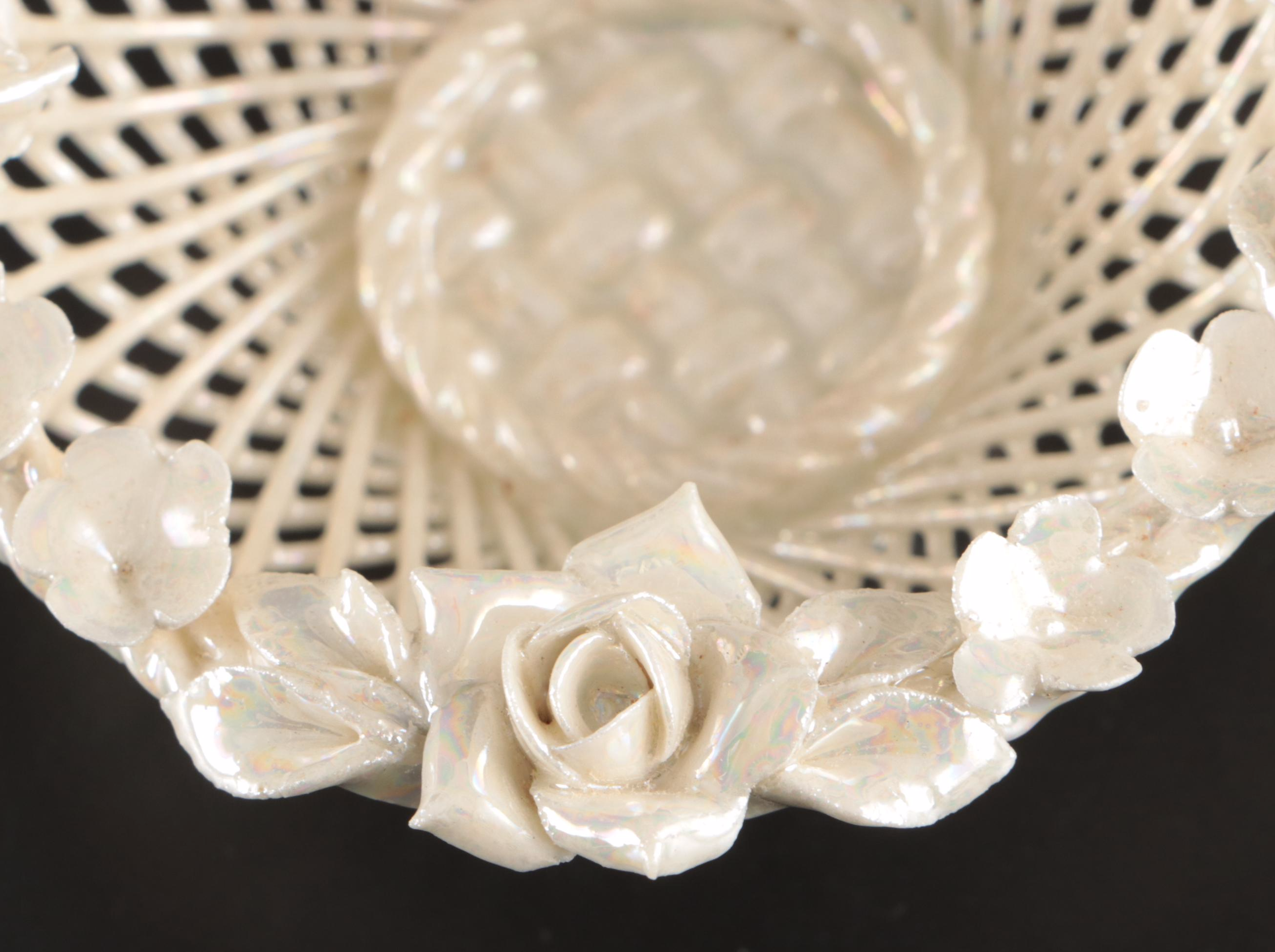 German Porcelain Lusterware Baskets with Applied Flowers and Bows
