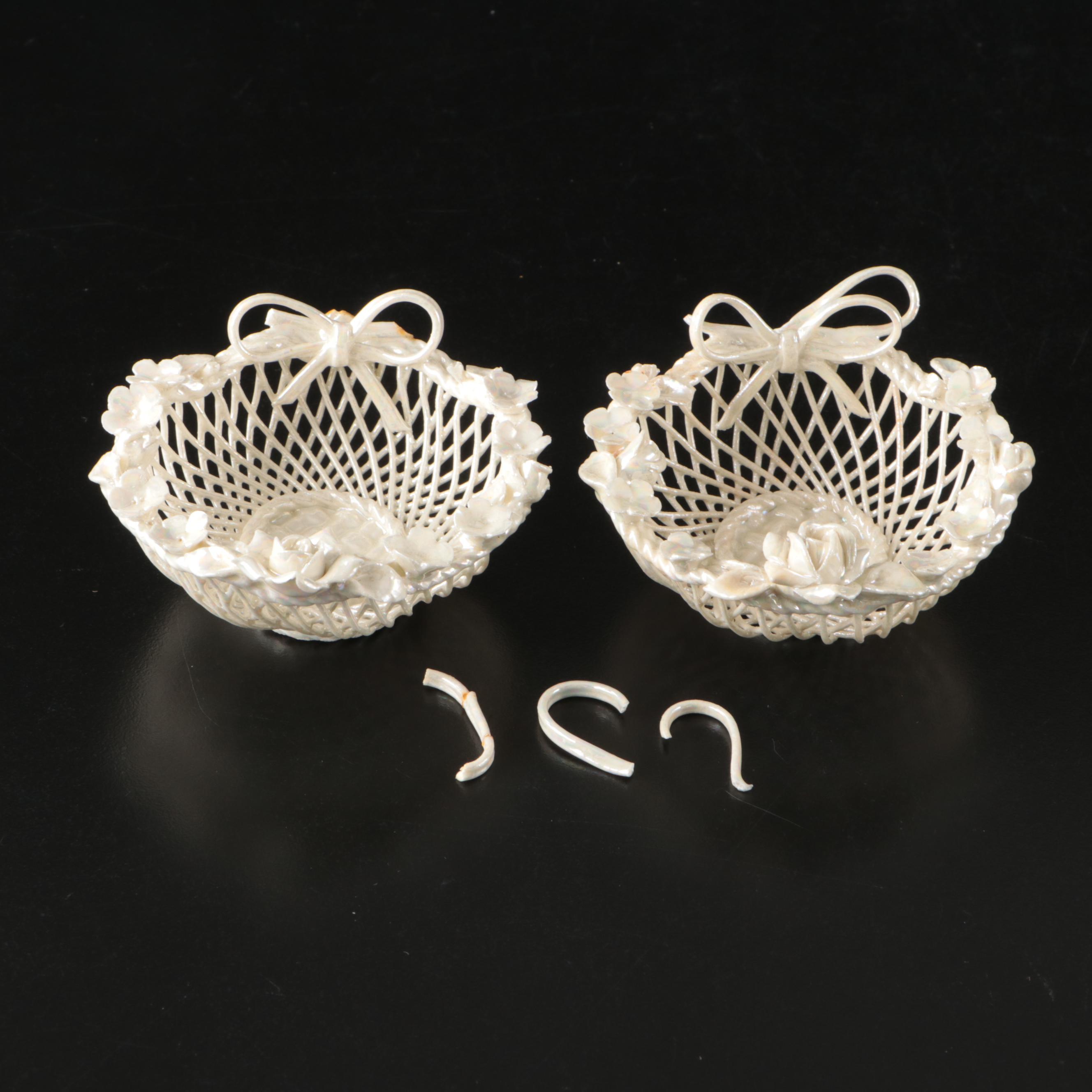 German Porcelain Lusterware Baskets with Applied Flowers and Bows