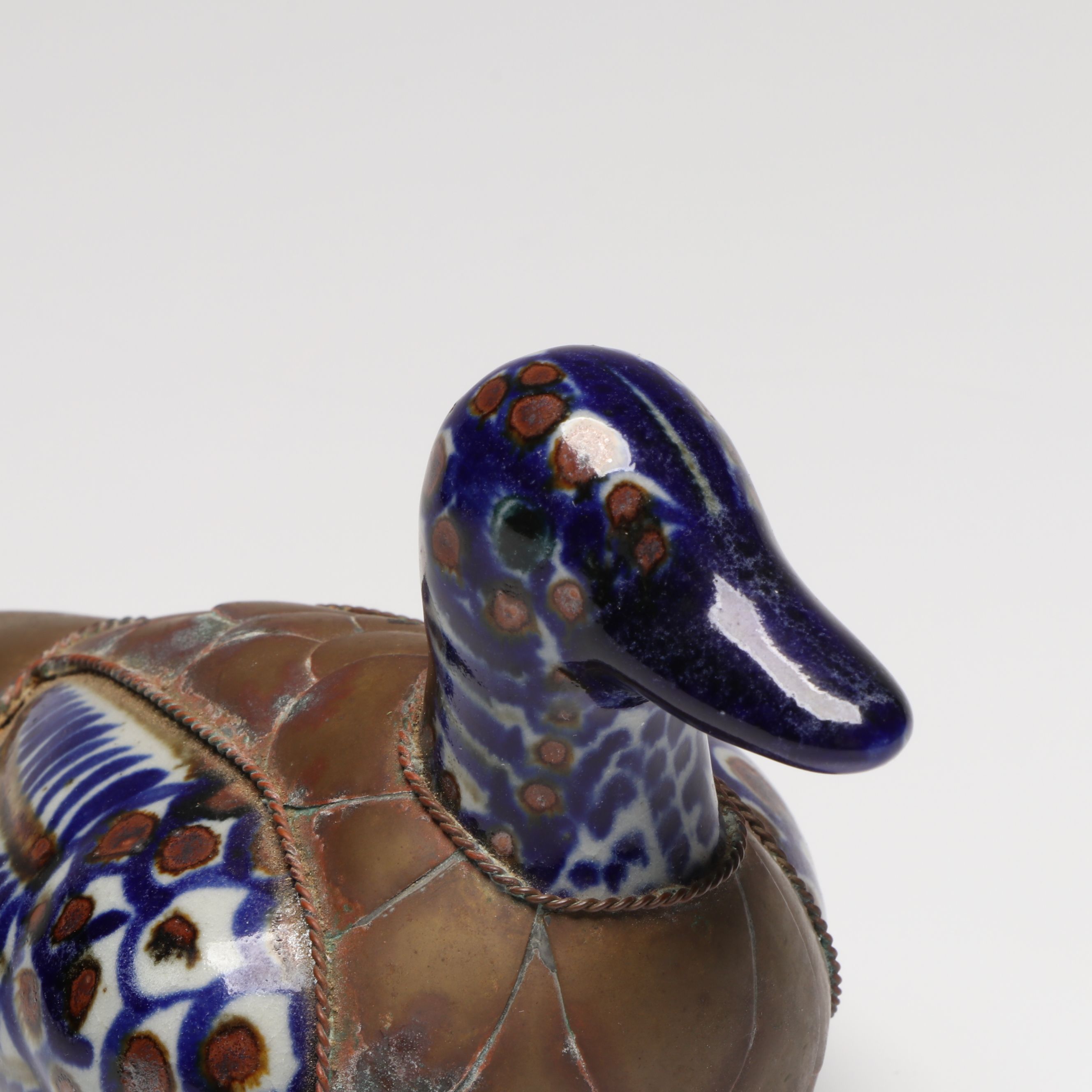 Mexican Tonala Brass and Ceramic Duck Figurine