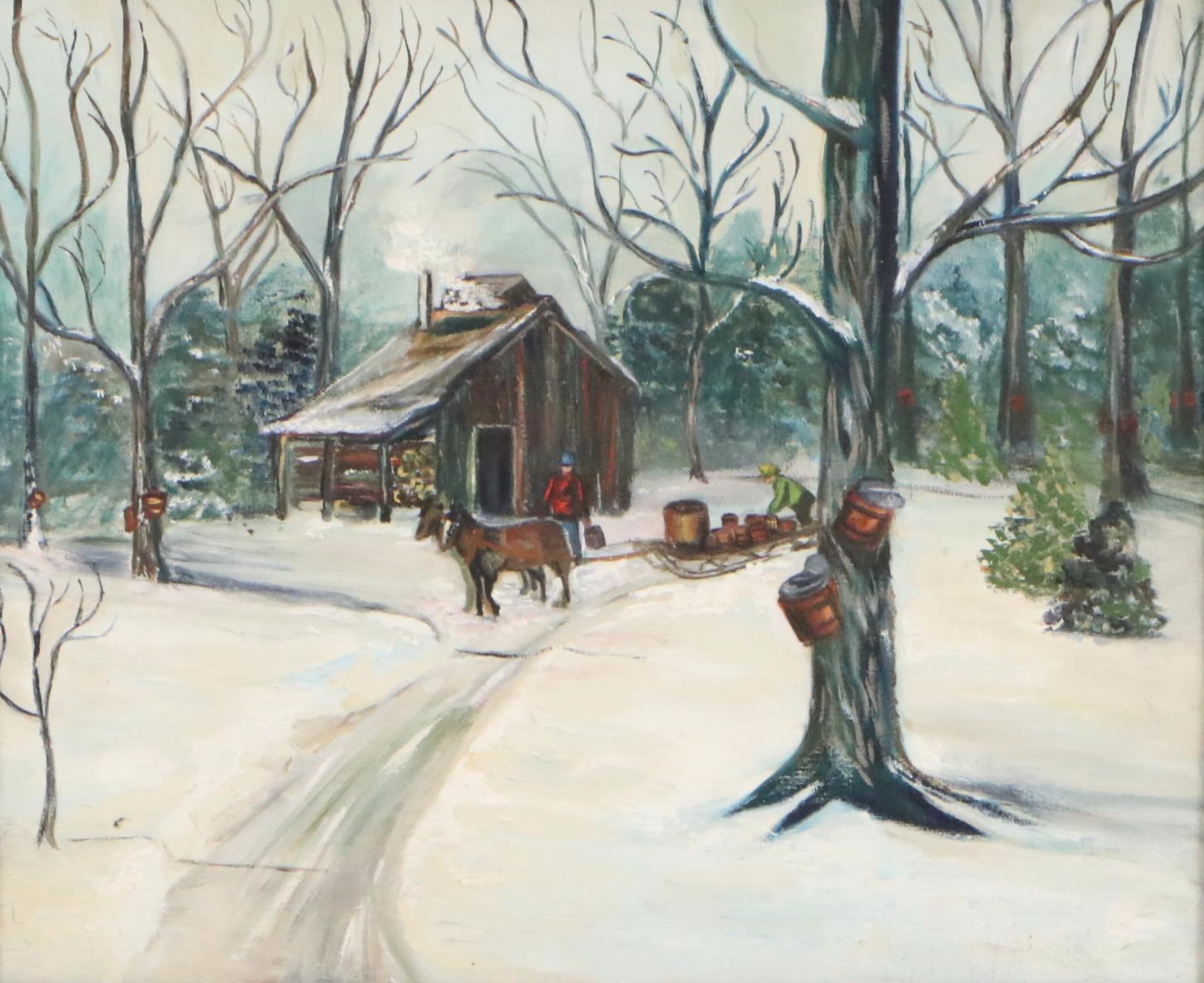 Oil Painting of Cabin in Snow, Mid-20th Century
