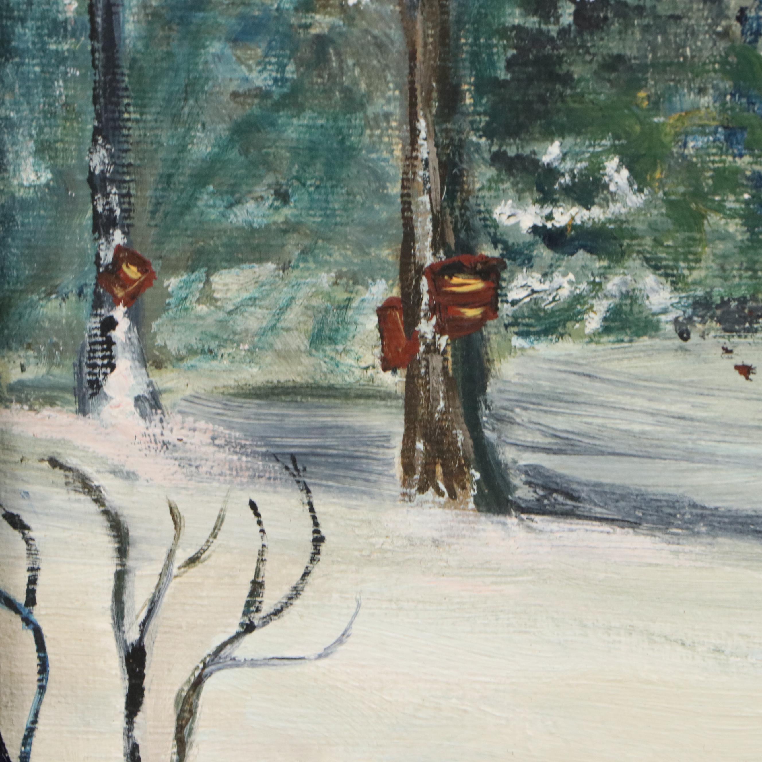 Oil Painting of Cabin in Snow, Mid-20th Century
