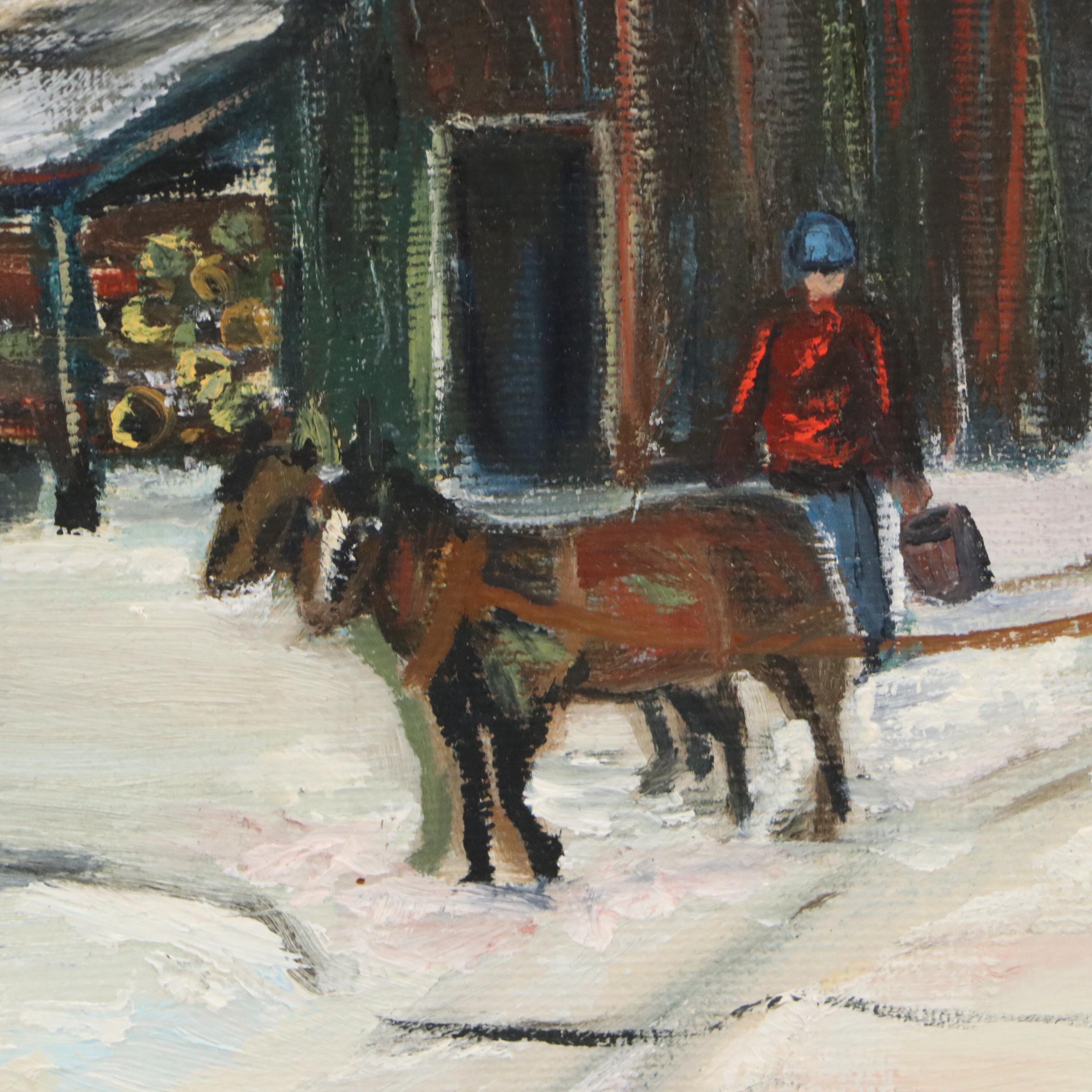 Oil Painting of Cabin in Snow, Mid-20th Century