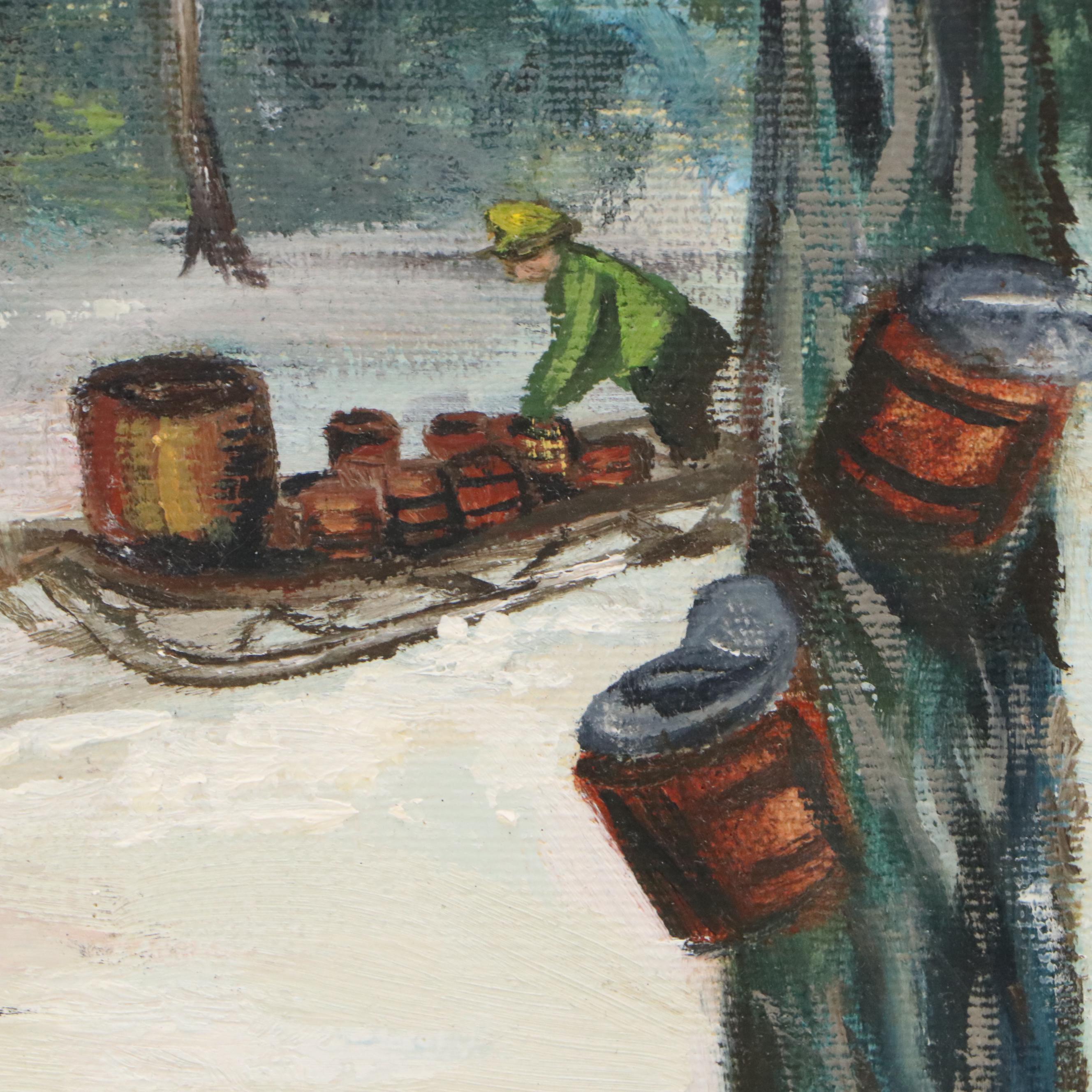 Oil Painting of Cabin in Snow, Mid-20th Century