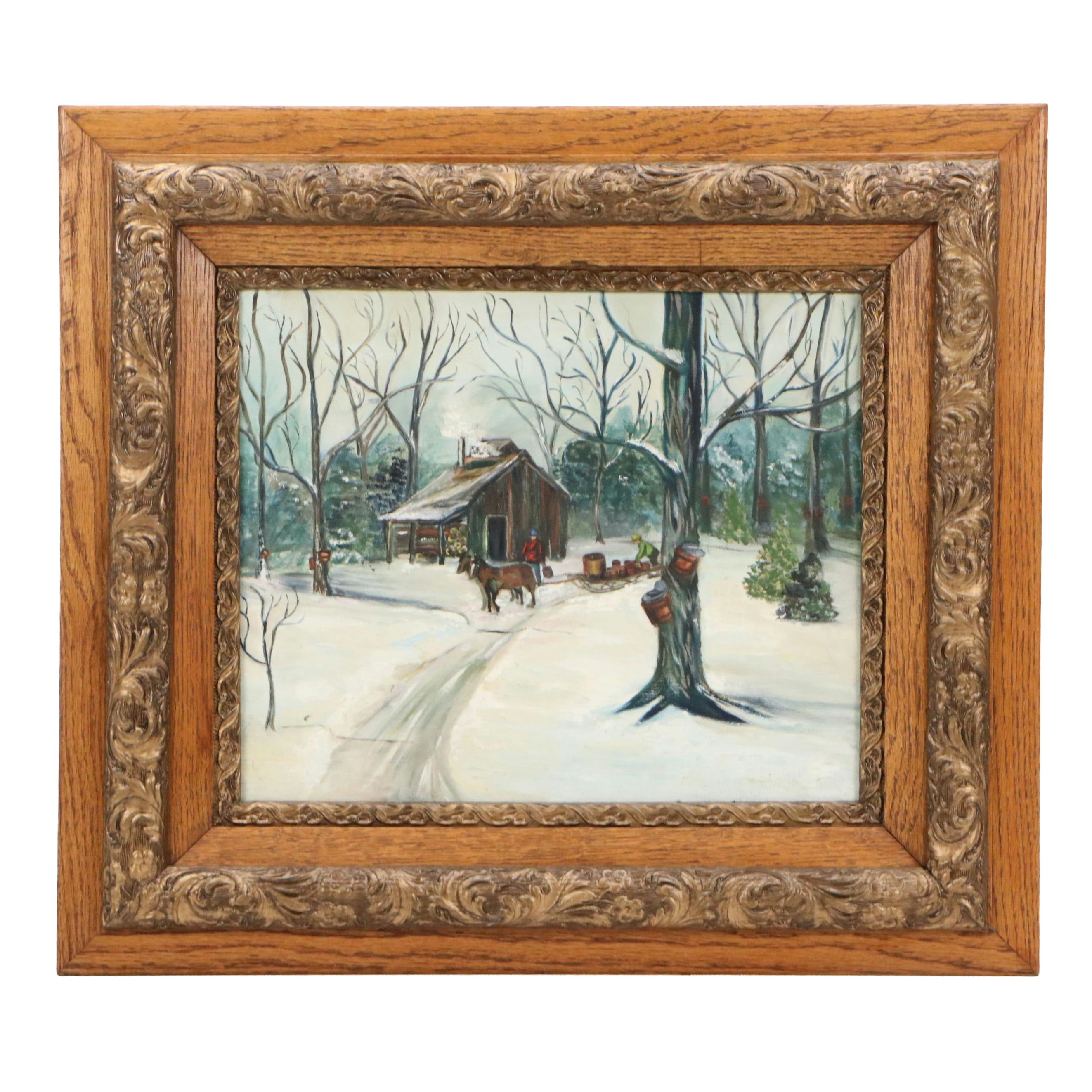 Oil Painting of Cabin in Snow, Mid-20th Century