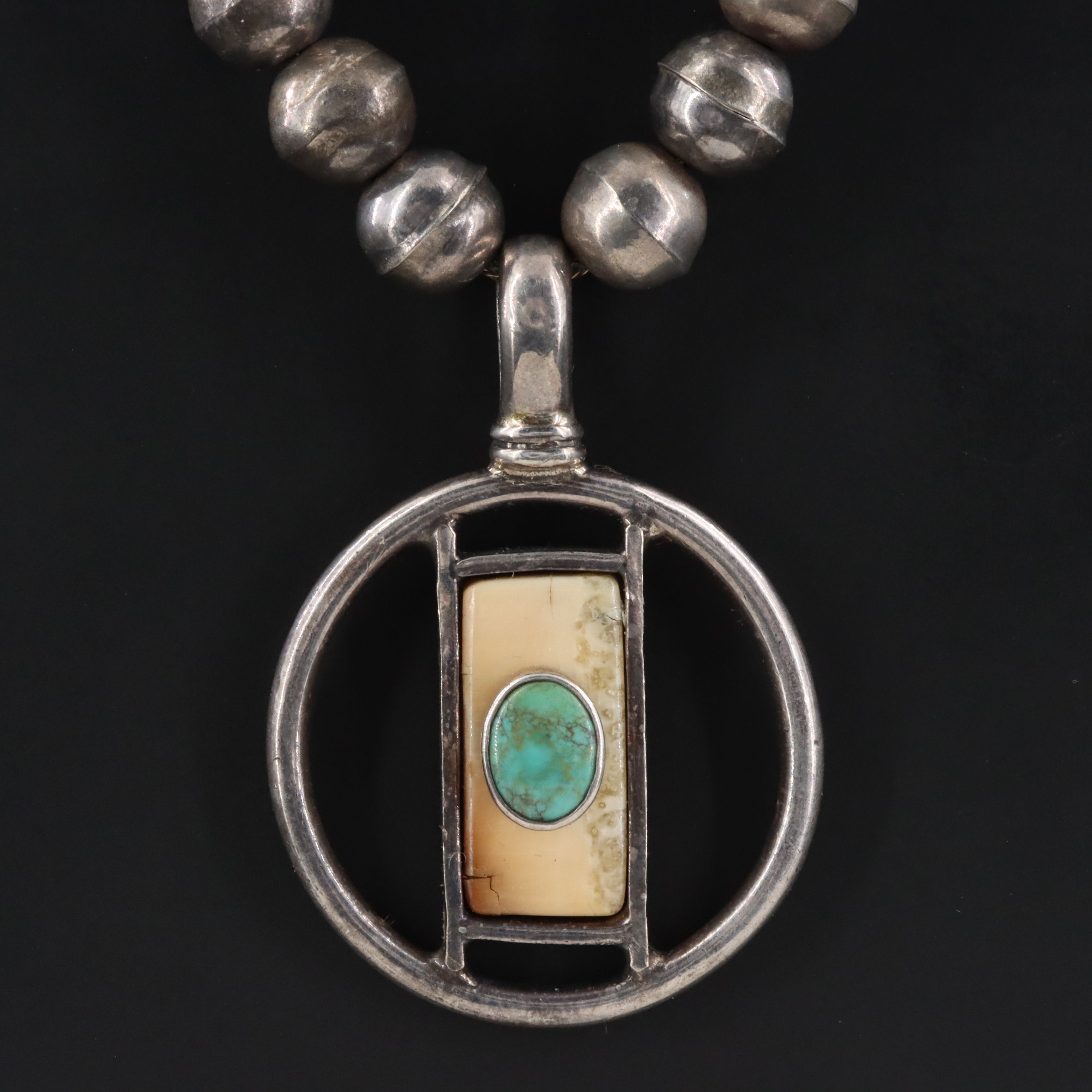 Edward Lawrence Sterling Fossil Walrus Tusk and Turquoise Necklace