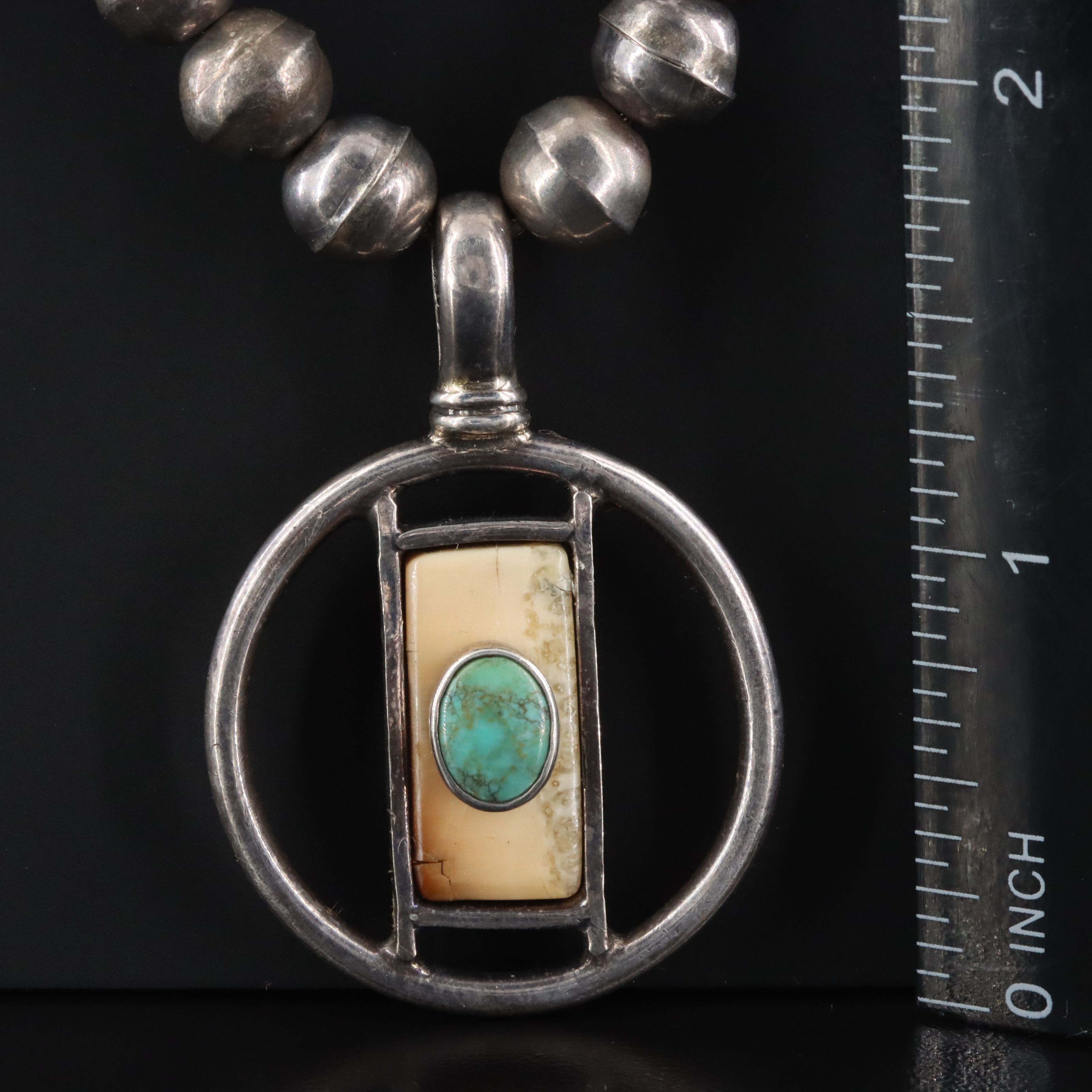 Edward Lawrence Sterling Fossil Walrus Tusk and Turquoise Necklace