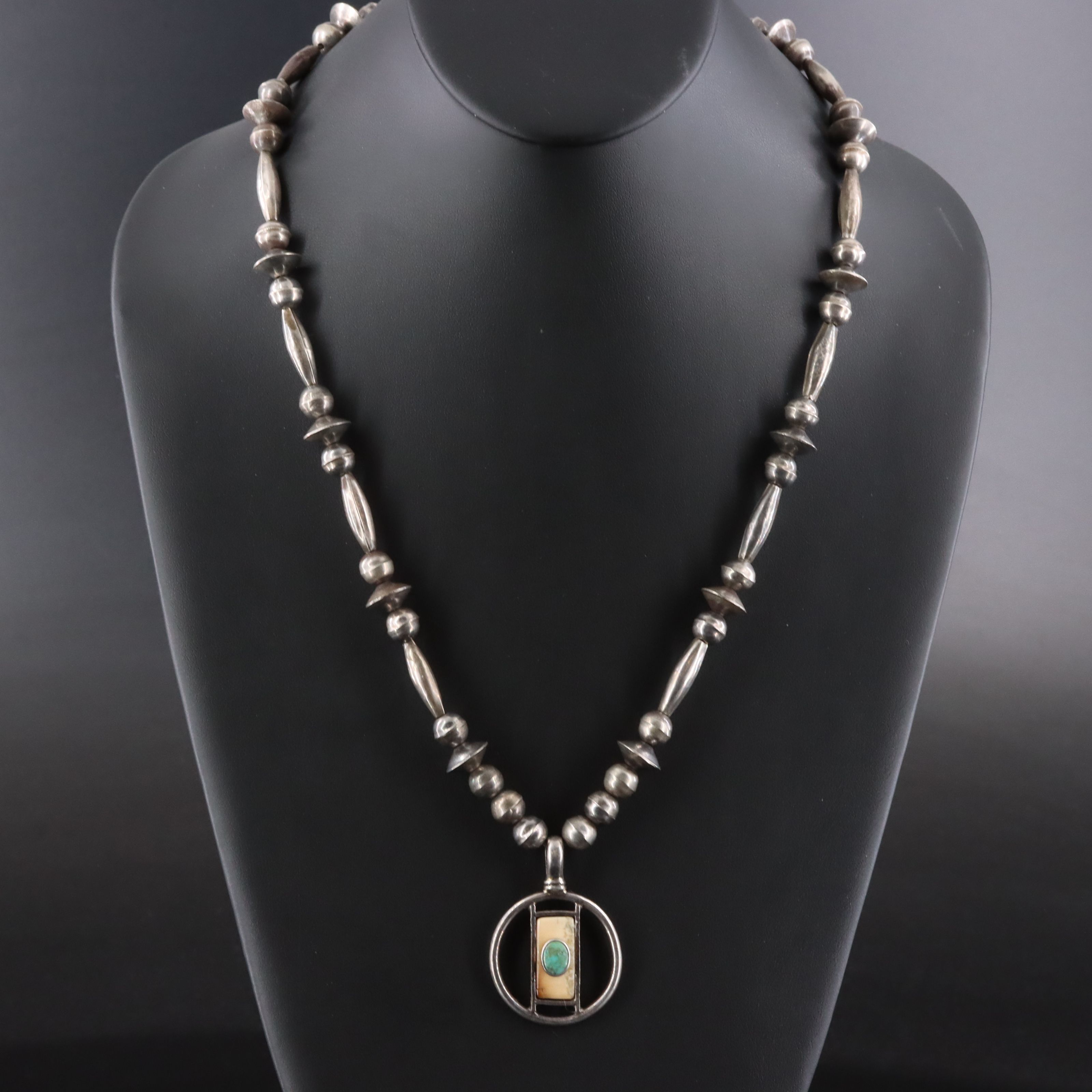 Edward Lawrence Sterling Fossil Walrus Tusk and Turquoise Necklace