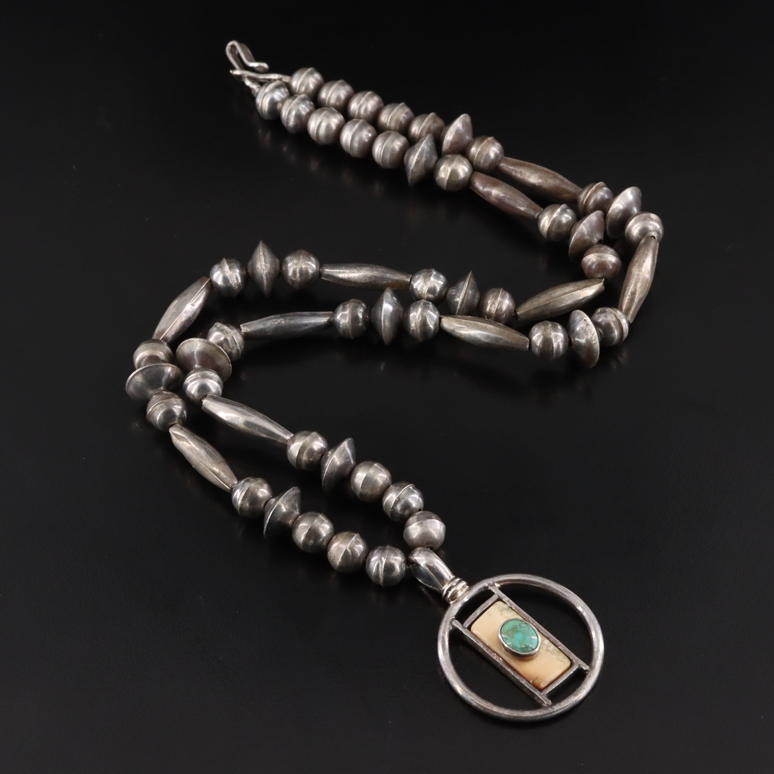 Edward Lawrence Sterling Fossil Walrus Tusk and Turquoise Necklace