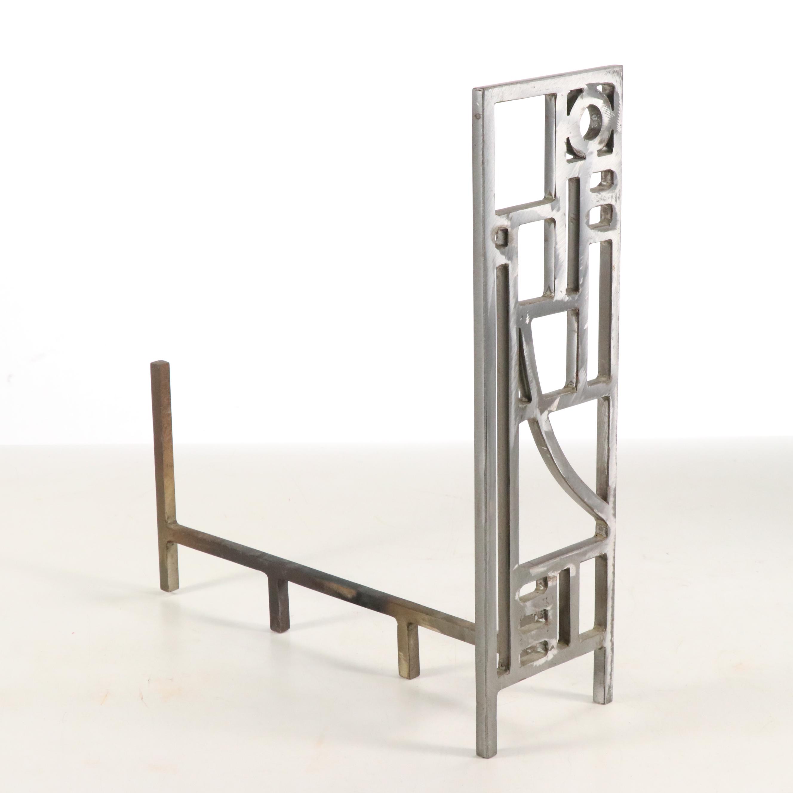 Modernist Brushed Metal Fireplace Andirons, Manner of Robert Sonneman