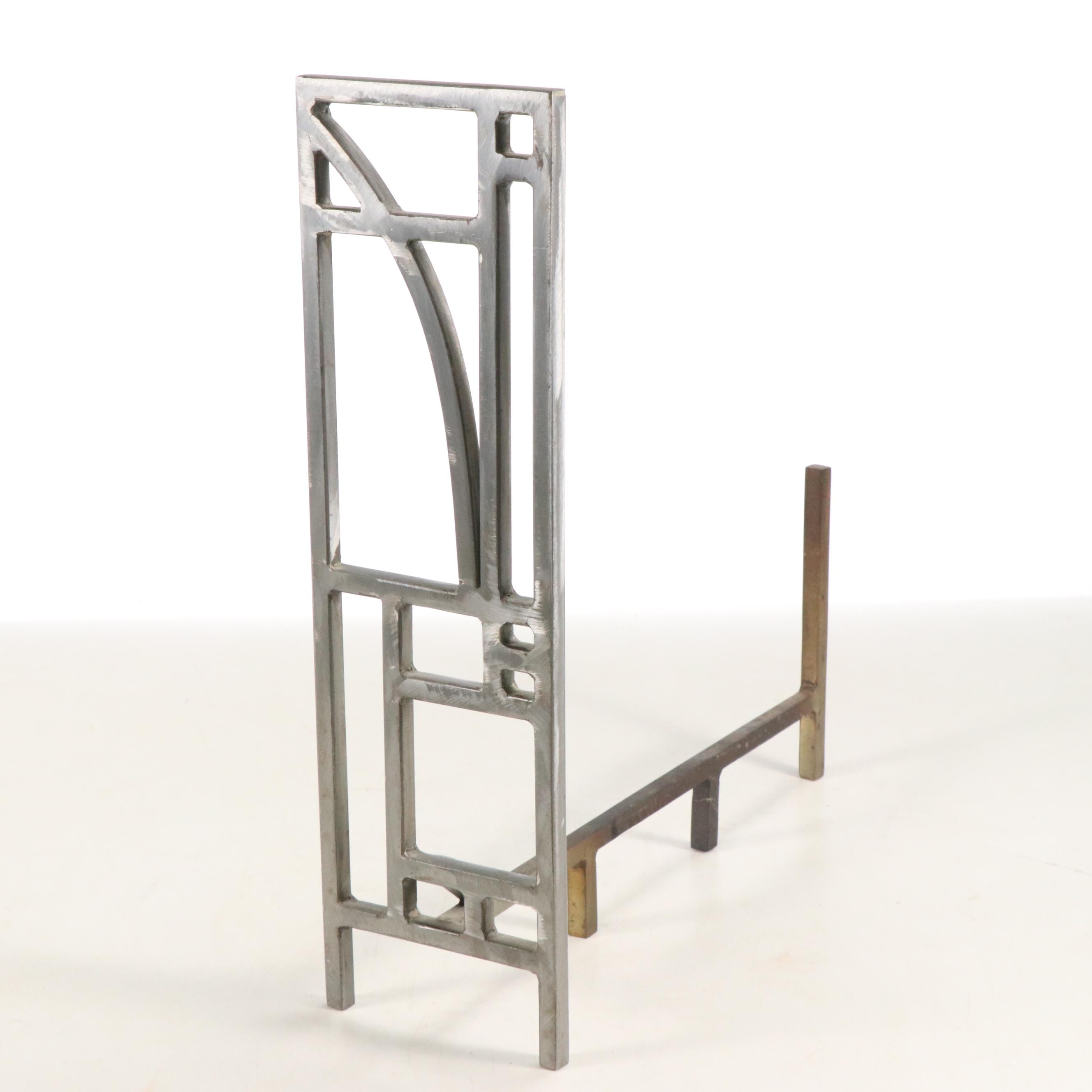 Modernist Brushed Metal Fireplace Andirons, Manner of Robert Sonneman