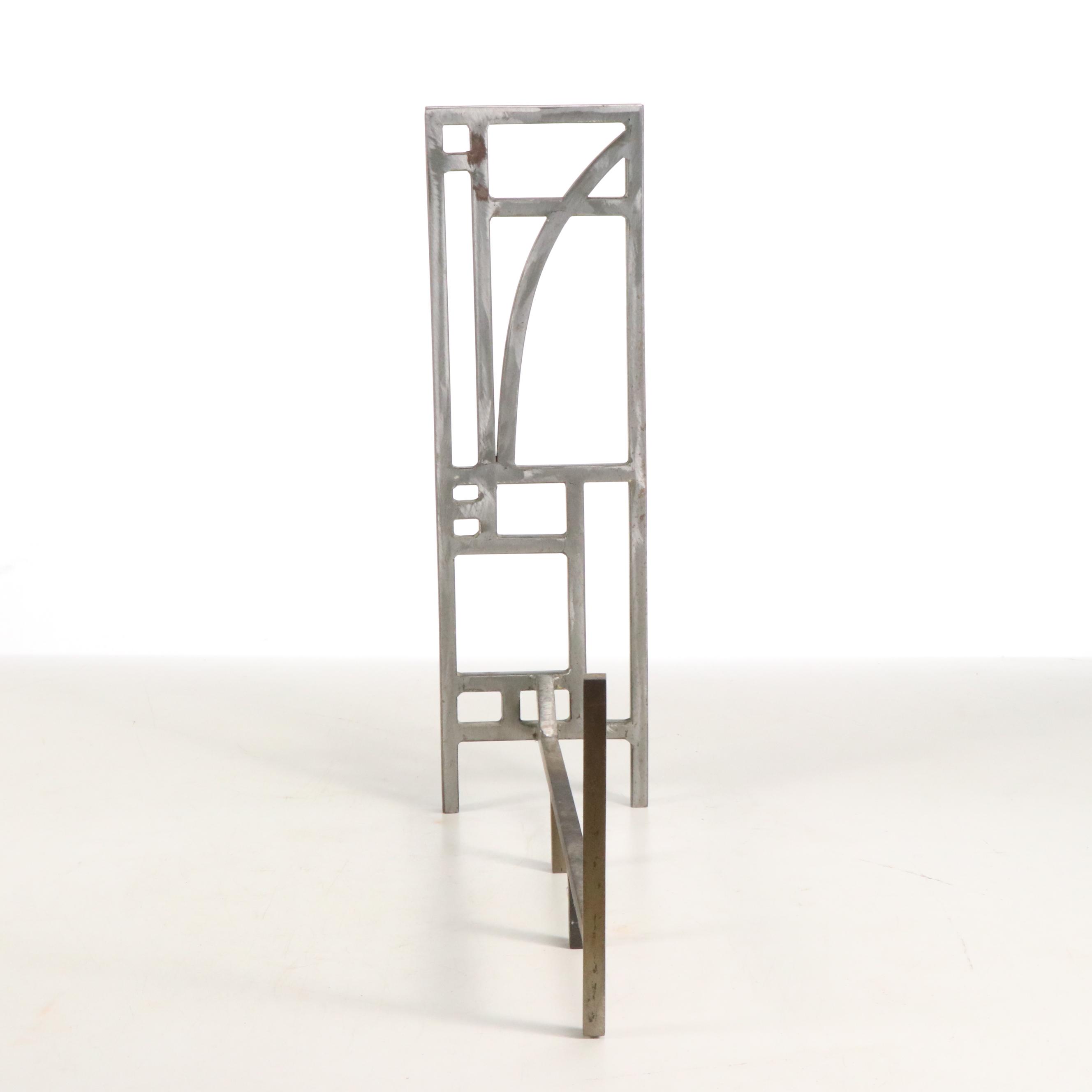 Modernist Brushed Metal Fireplace Andirons, Manner of Robert Sonneman