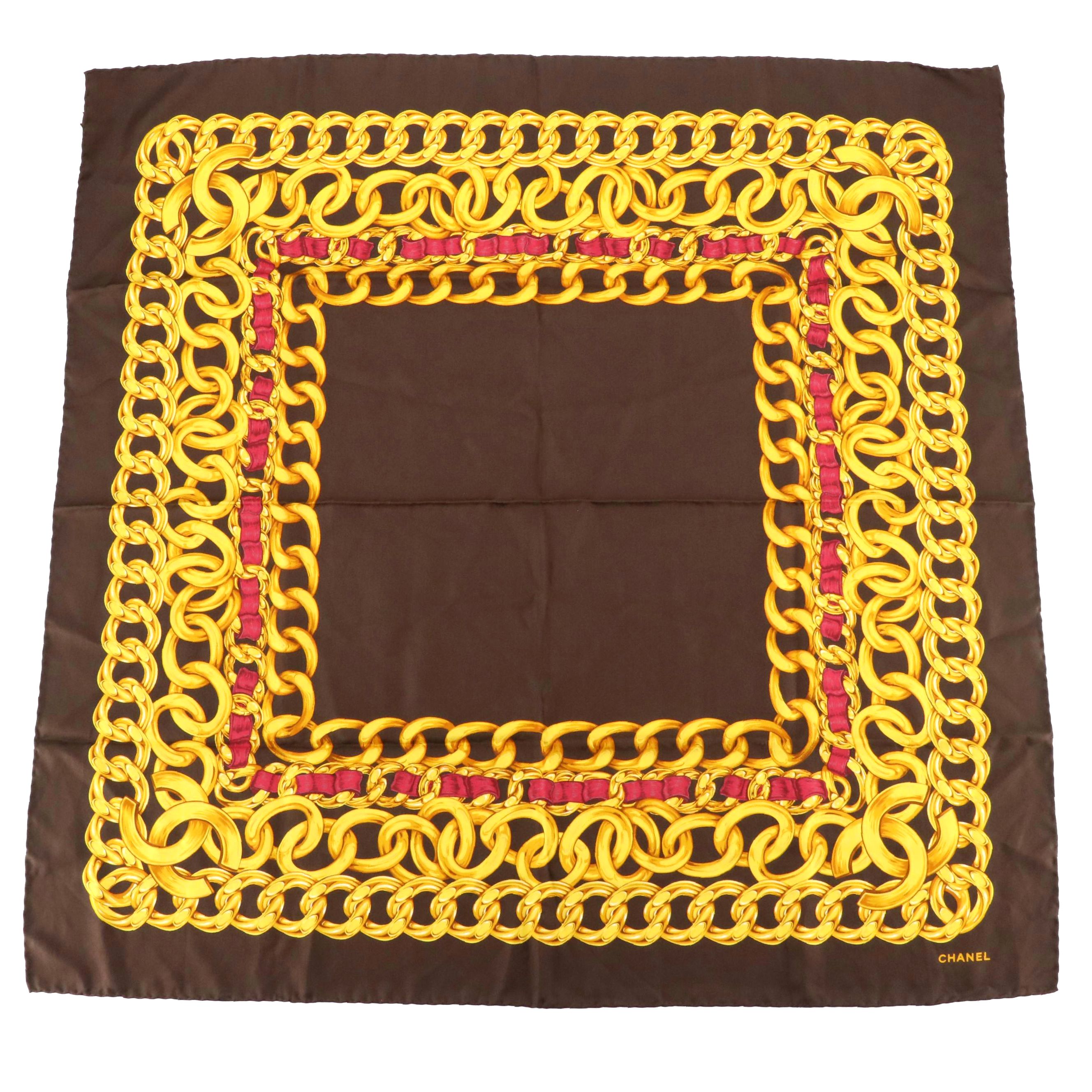 Chanel Chocolate Brown Chain Motif Silk Scarf