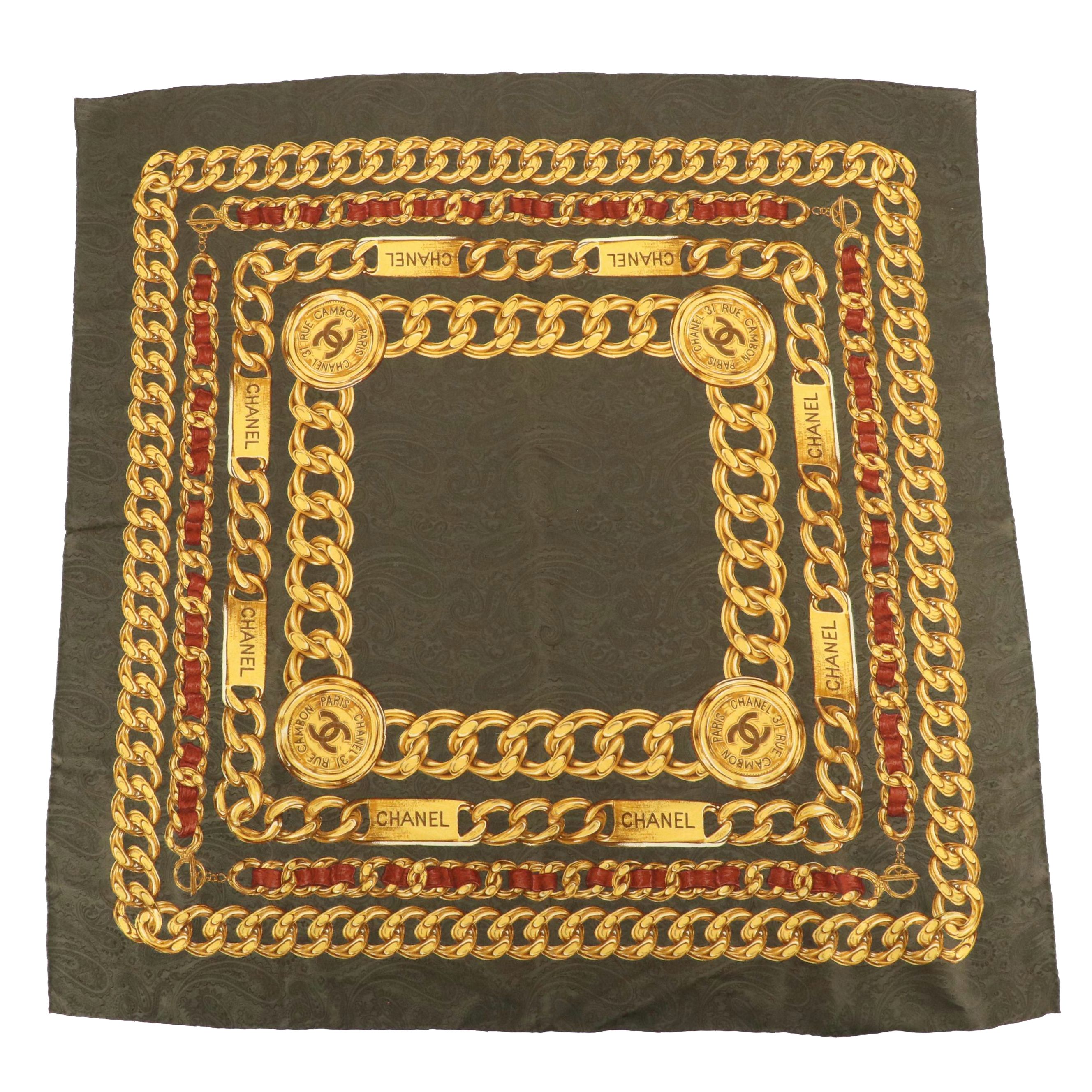 Chanel Rue Cambon Chain Motif Scarf in Olive Green Paisley Jacquard Silk