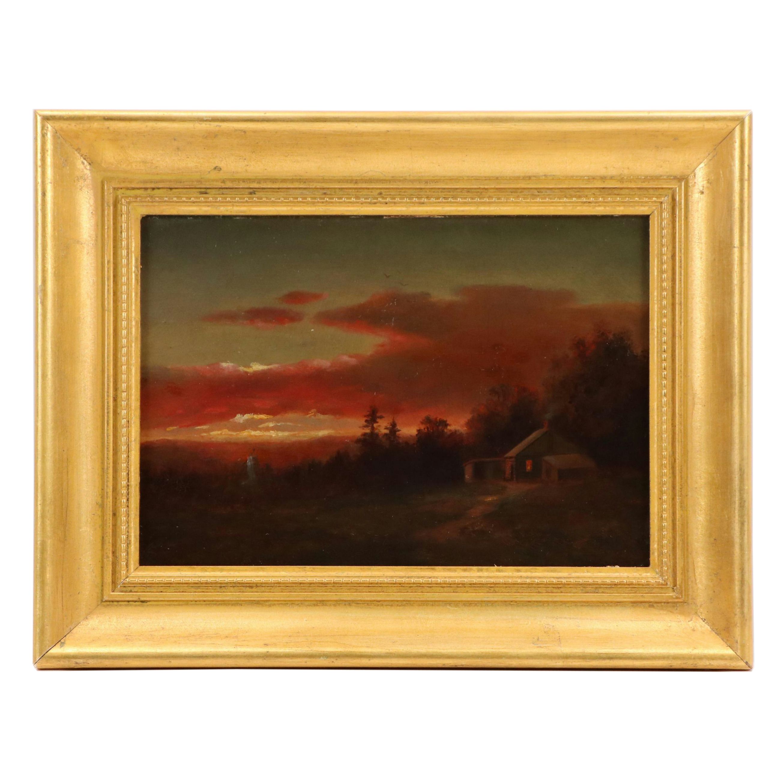 Antique Oil Painting of Countryside Landscape with Cabin at Sunset, Circa 1900