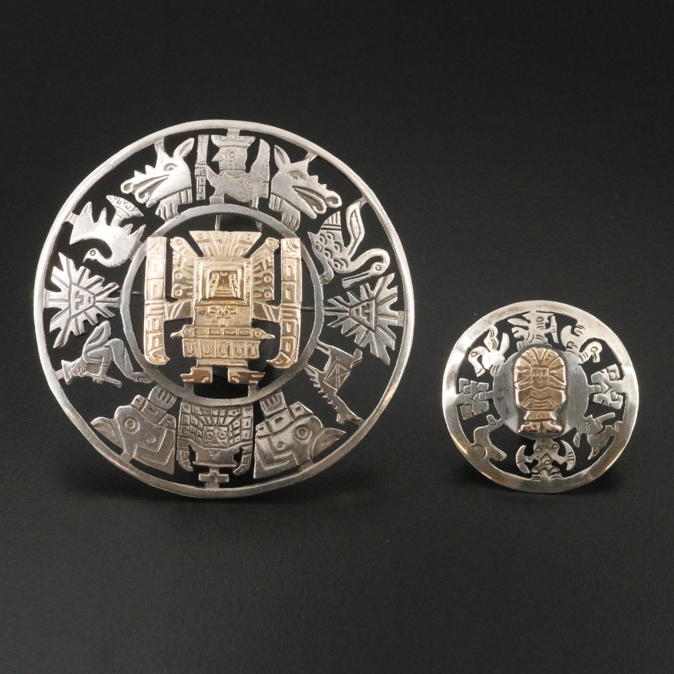 Pre-Columbian Style Peruvian Sterling and 18K Viracocha Converter Brooch and Pin
