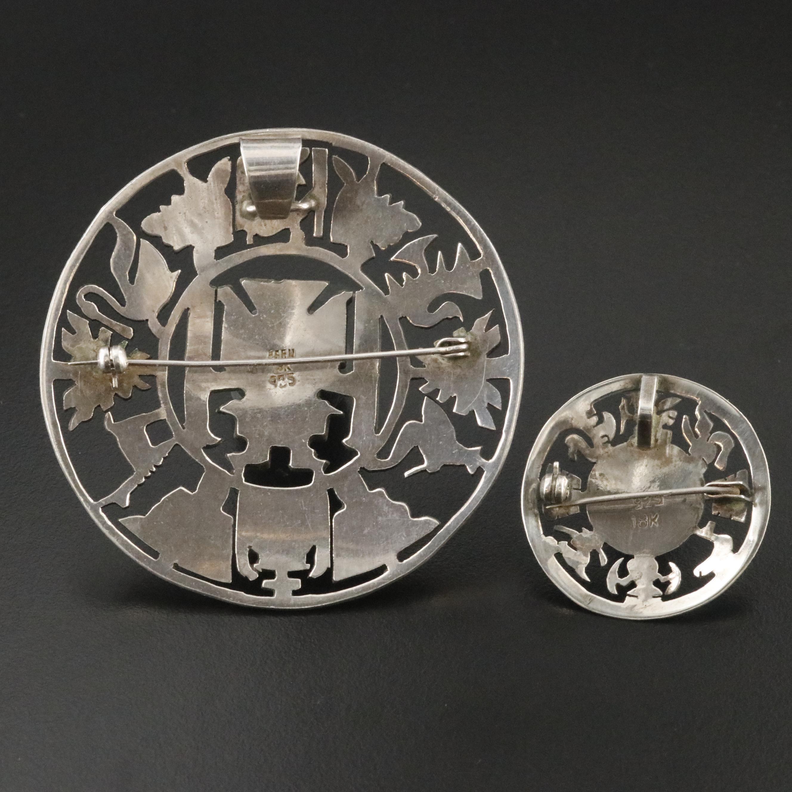 Pre-Columbian Style Peruvian Sterling and 18K Viracocha Converter Brooch and Pin