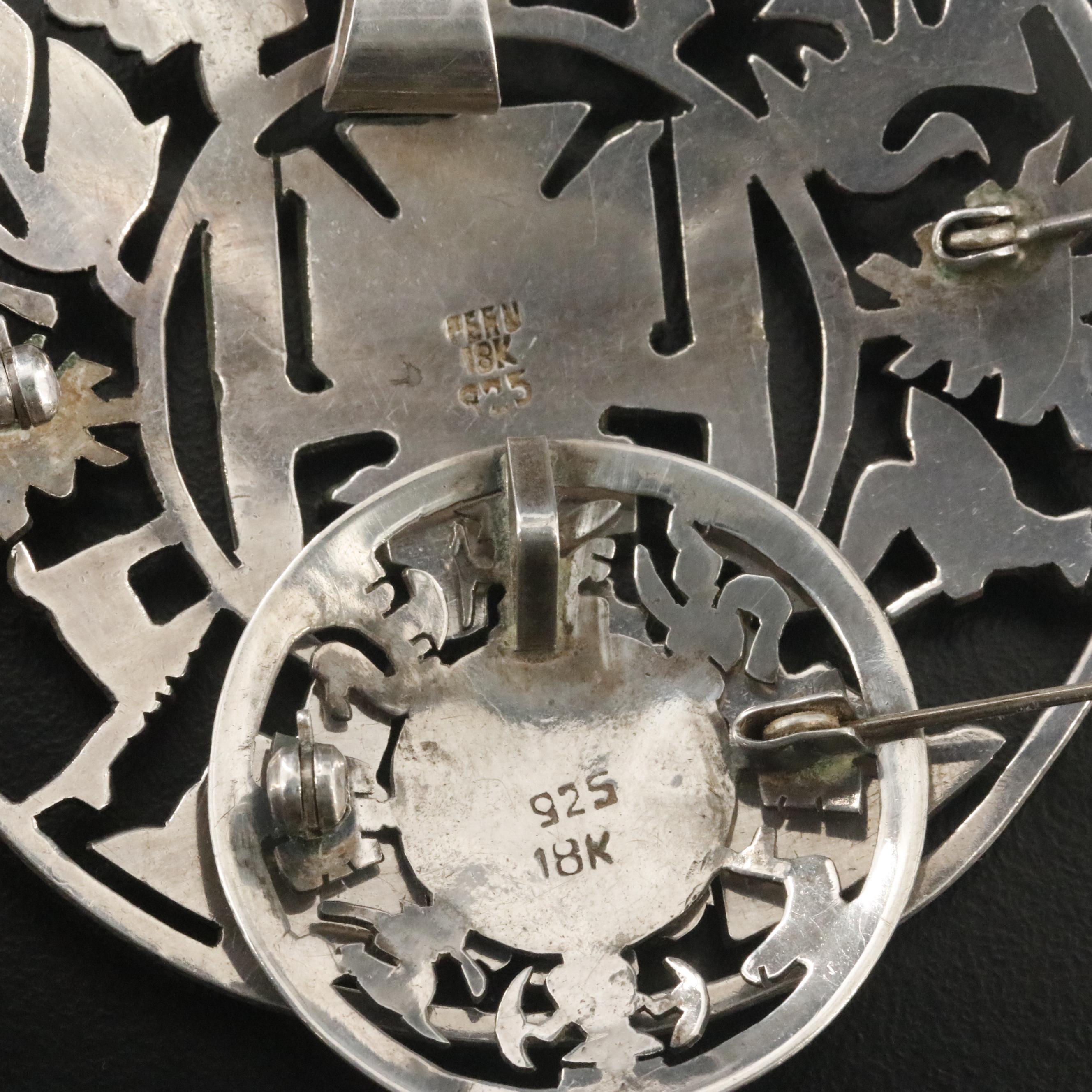 Pre-Columbian Style Peruvian Sterling and 18K Viracocha Converter Brooch and Pin