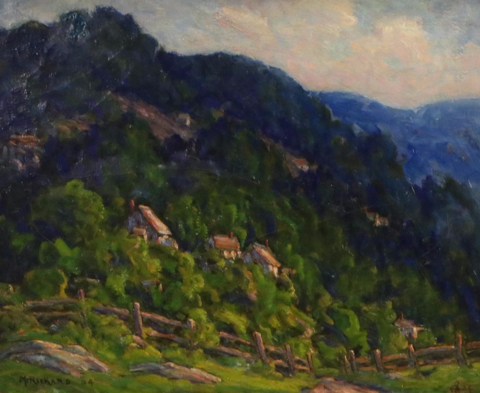 Marjorie Rey Rickard Oil Painting of Lush Mountainside with Houses, 1934