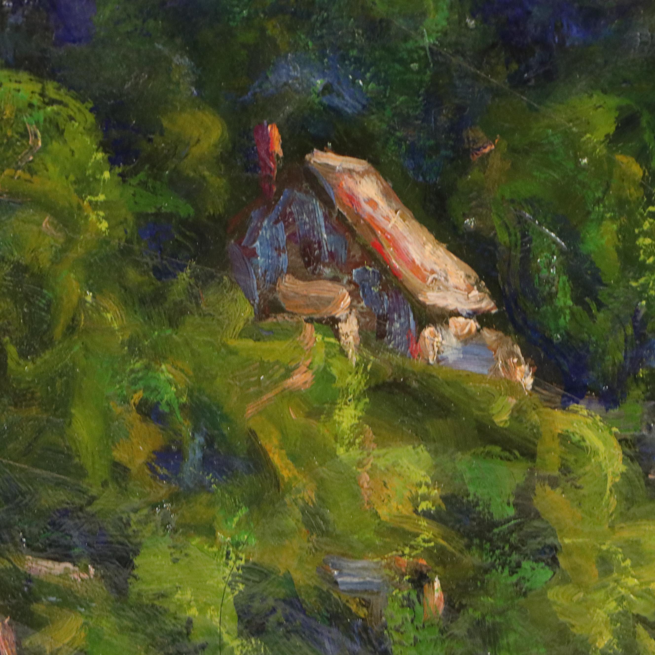 Marjorie Rey Rickard Oil Painting of Lush Mountainside with Houses, 1934