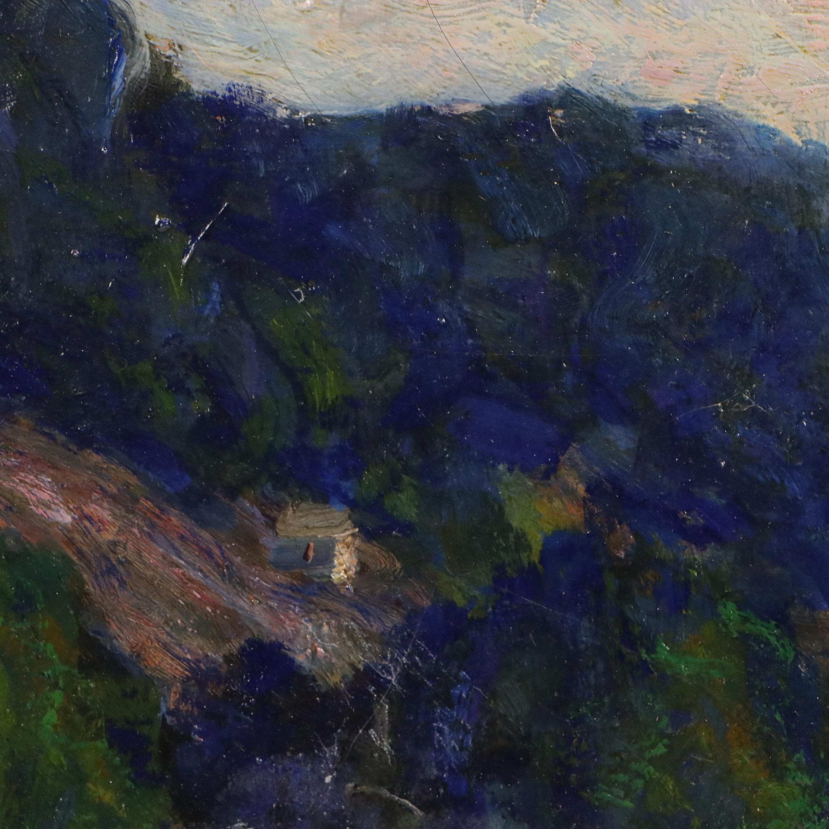 Marjorie Rey Rickard Oil Painting of Lush Mountainside with Houses, 1934