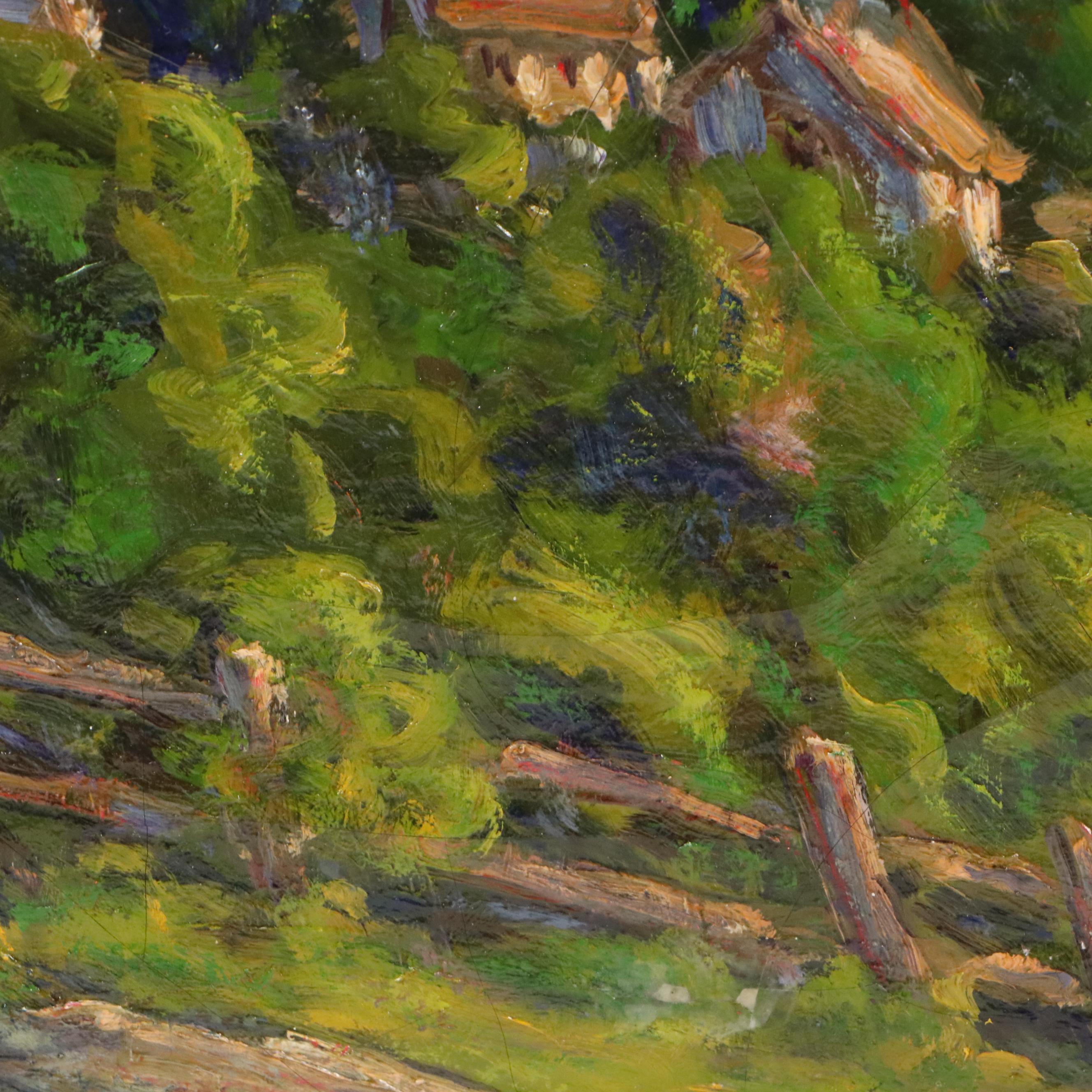 Marjorie Rey Rickard Oil Painting of Lush Mountainside with Houses, 1934