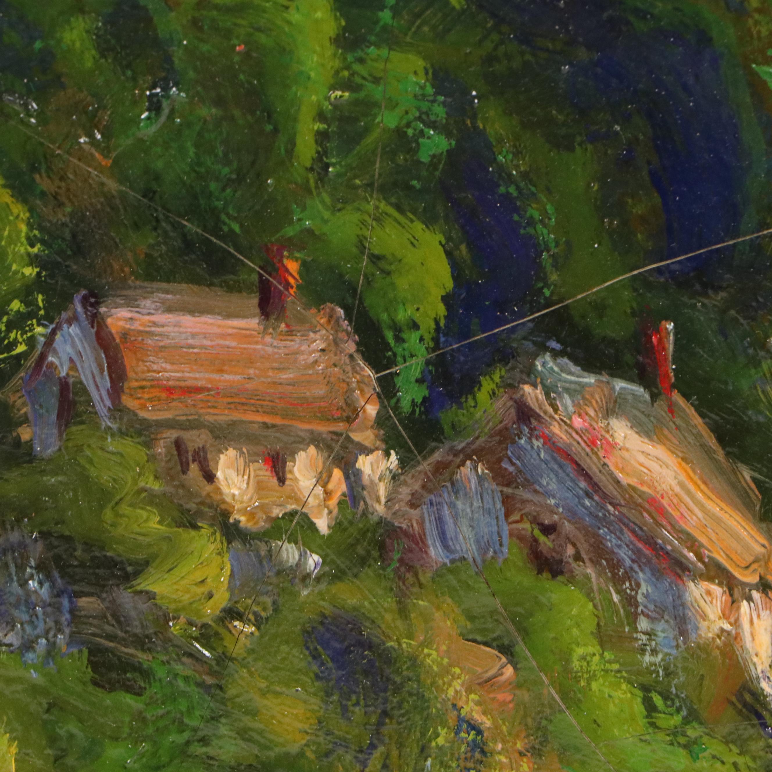 Marjorie Rey Rickard Oil Painting of Lush Mountainside with Houses, 1934