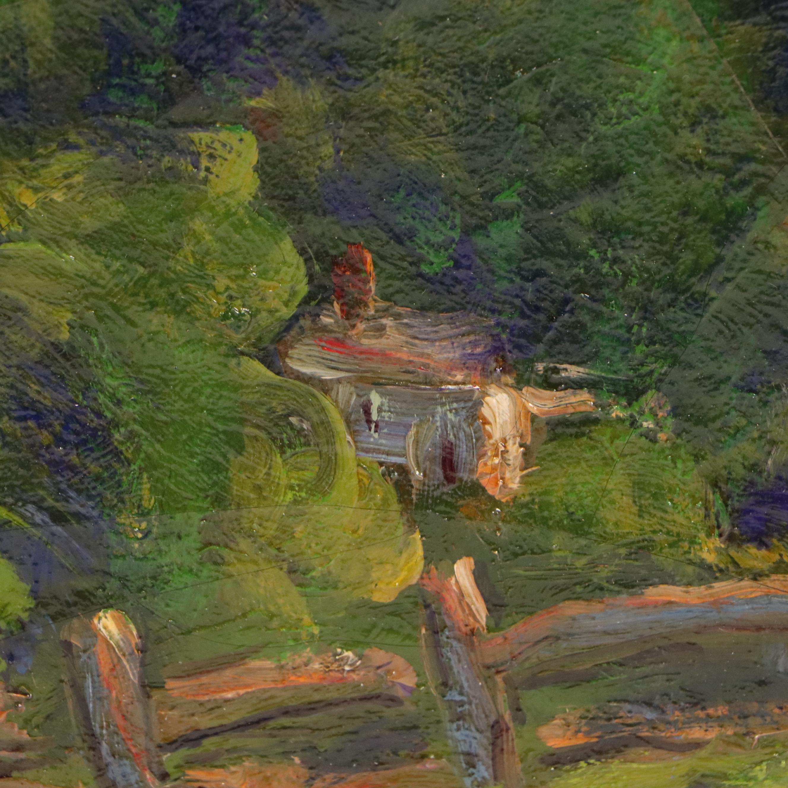 Marjorie Rey Rickard Oil Painting of Lush Mountainside with Houses, 1934