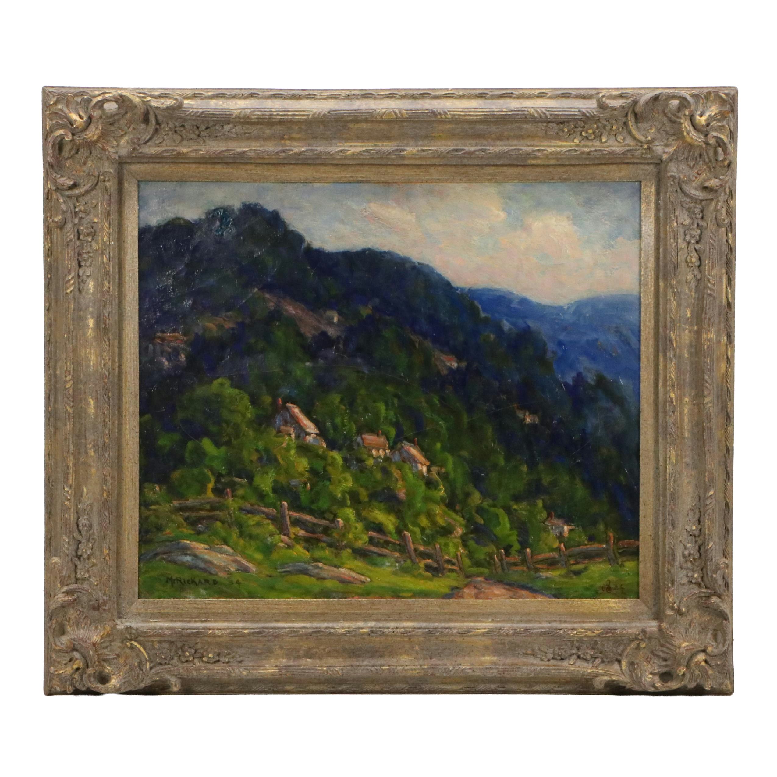 Marjorie Rey Rickard Oil Painting of Lush Mountainside with Houses, 1934