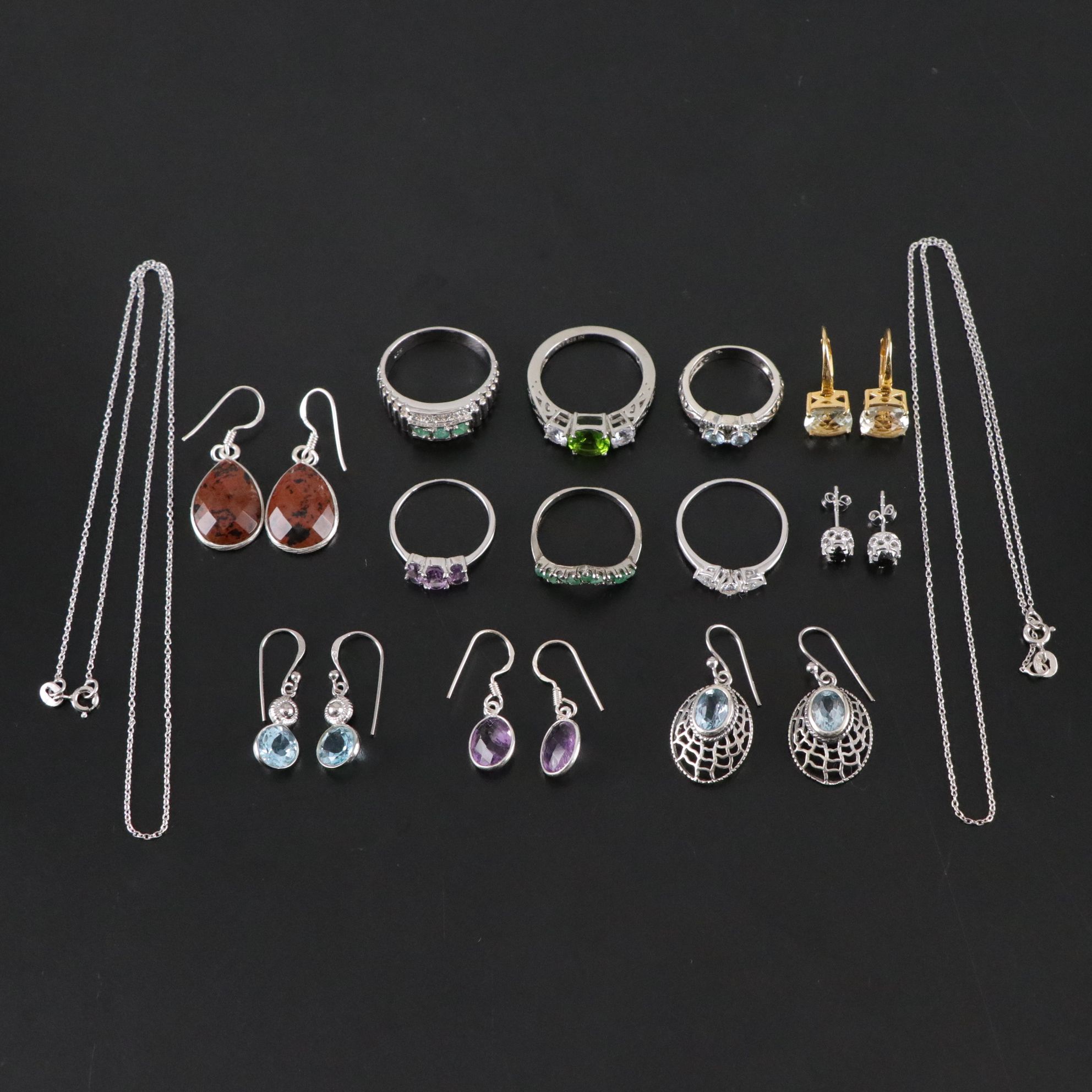 14 Assorted Sterling Silver Rings, Necklaces and Earrings
