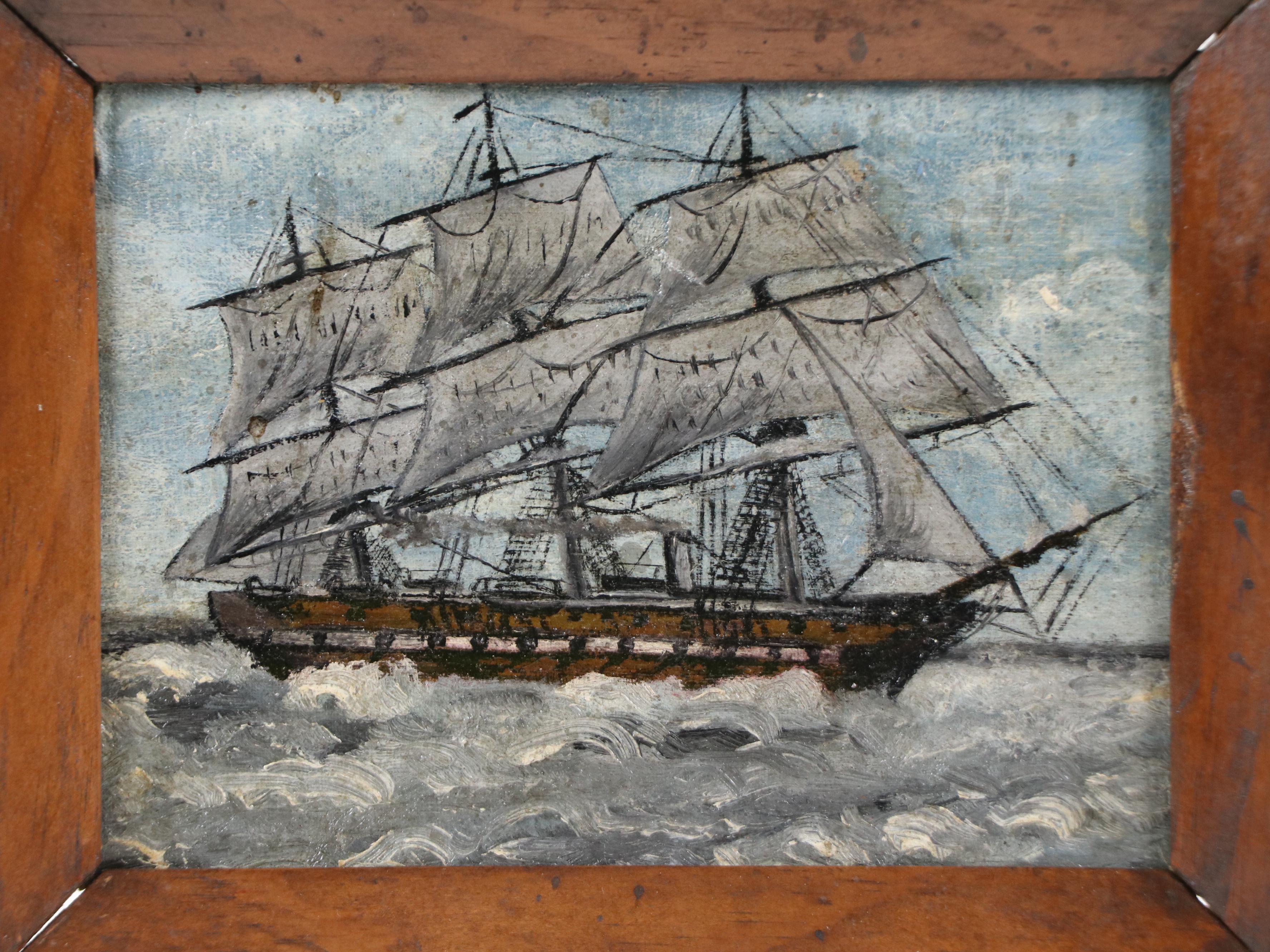 Self-Taught Artist Oil Painting of Clipper Ship, Late 19th or Early 20th Century